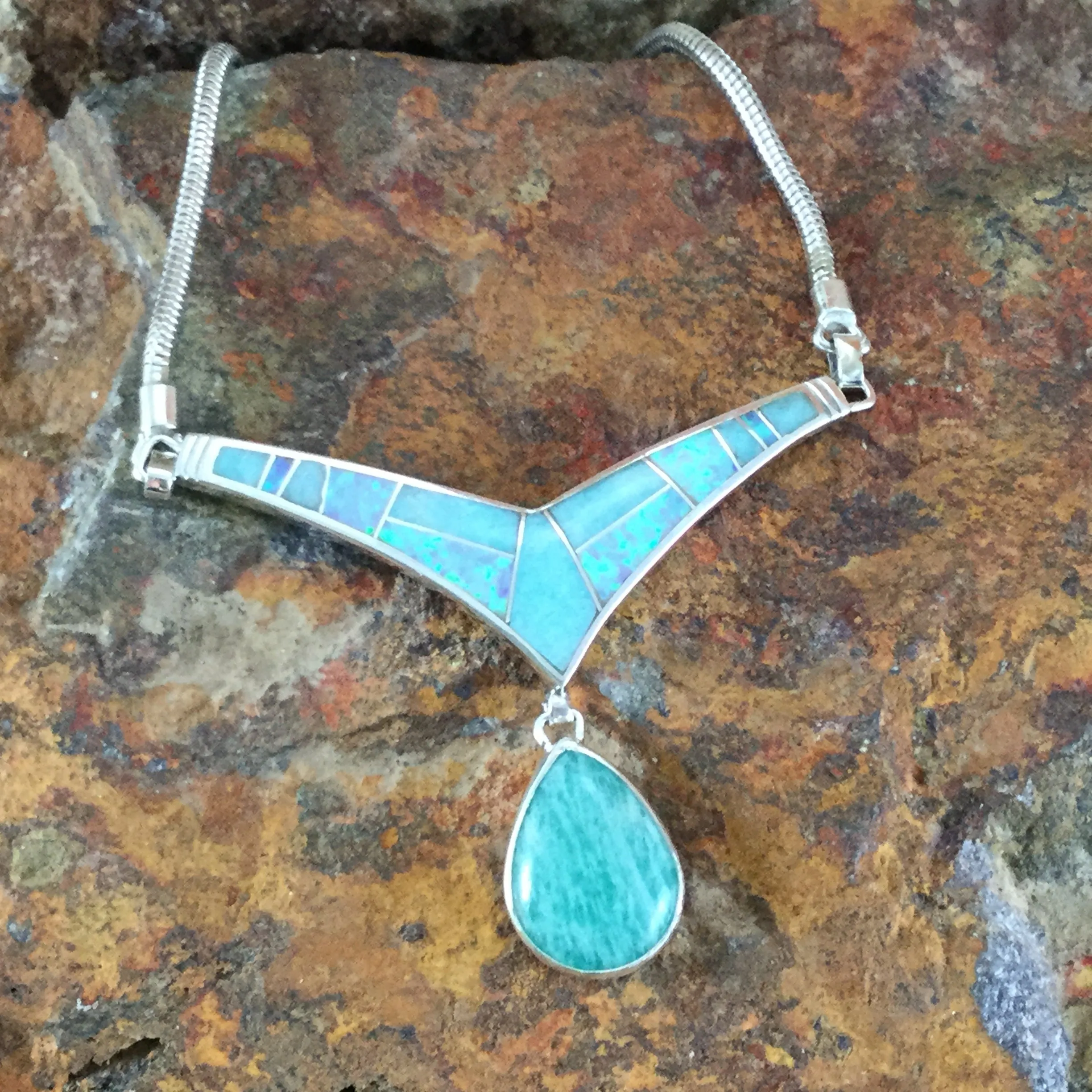 David Rosales Amazing Light Inlaid Sterling Silver Necklace w/ Cab