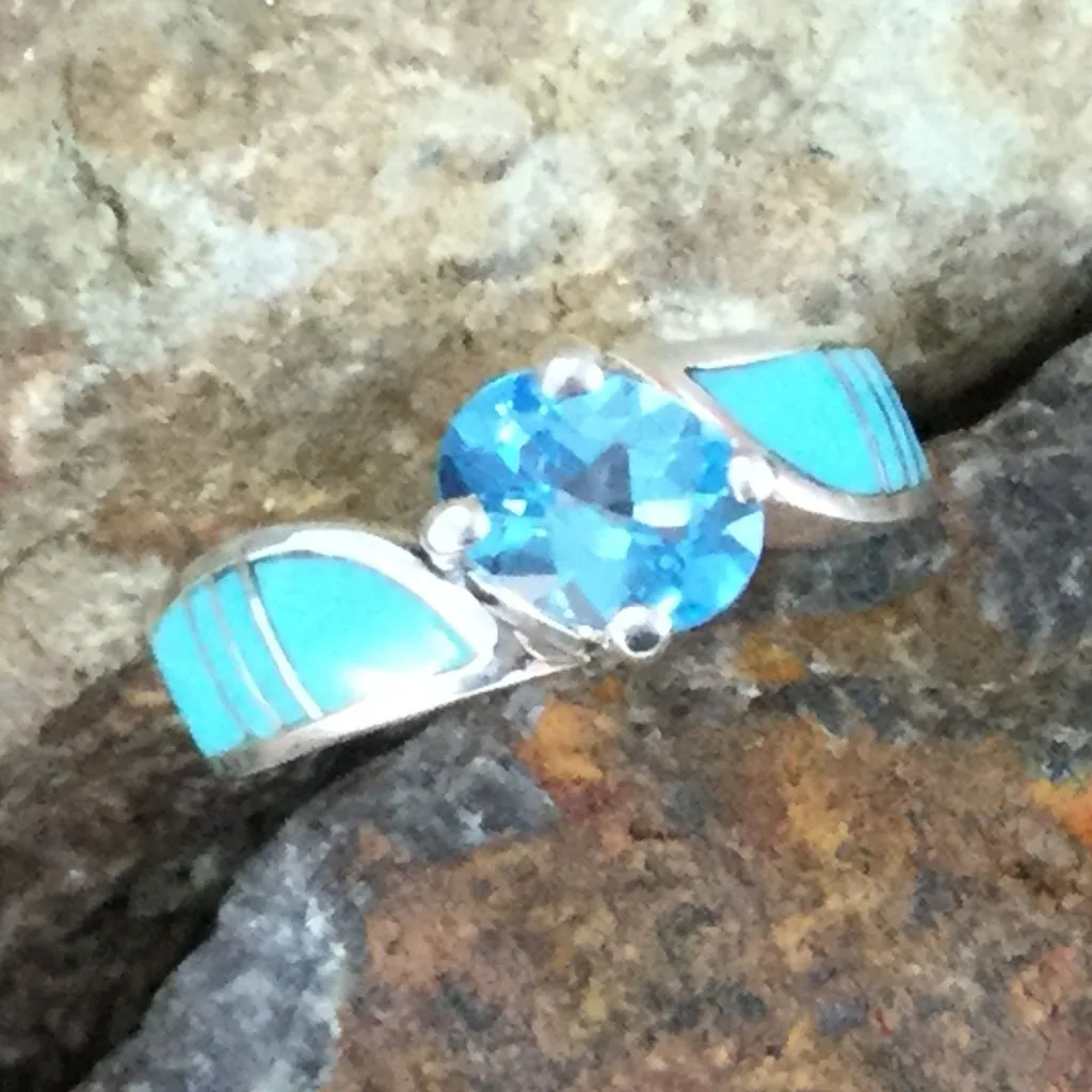 David Rosales Arizona Blue Inlaid Sterling Silver Ring w/ Blue Topaz