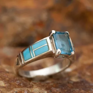 David Rosales Arizona Blue Inlaid Sterling Silver Ring w Blue Topaz