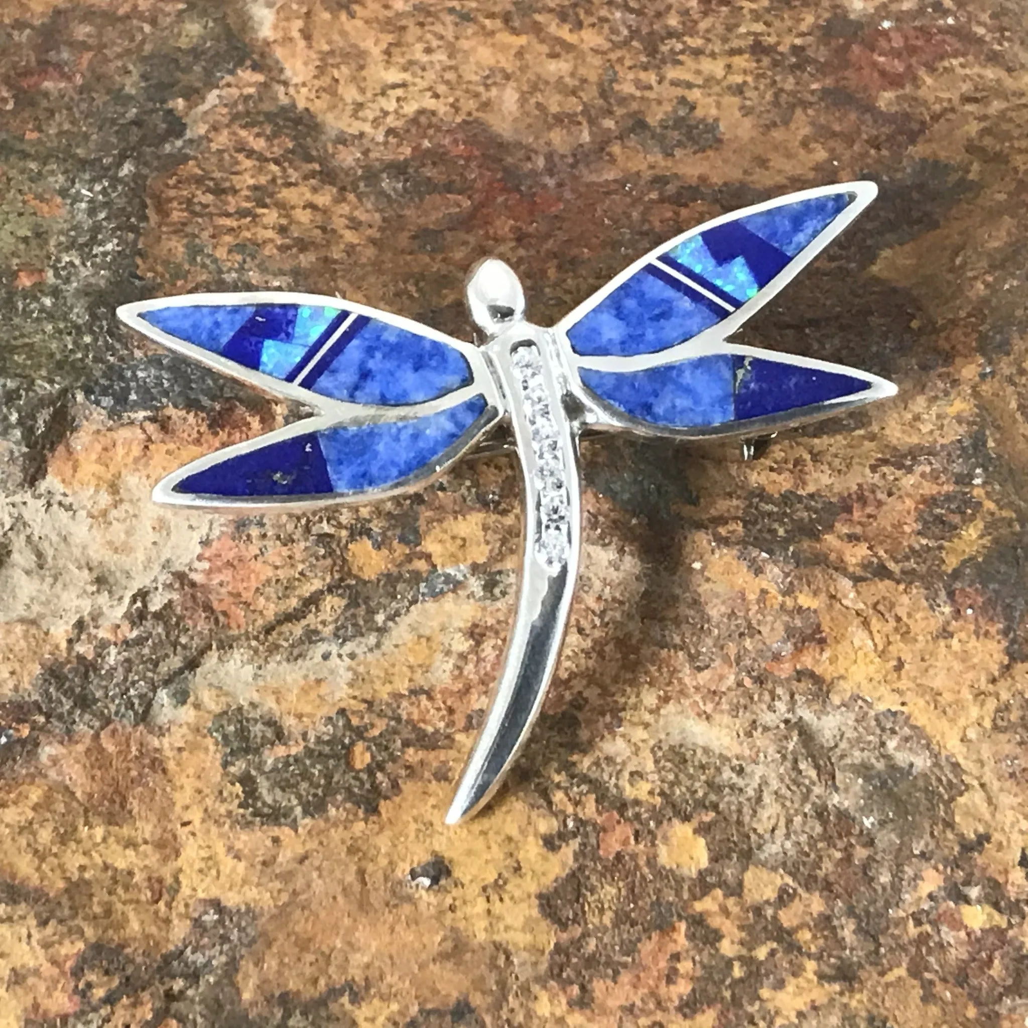 David Rosales Blue Sky Inlaid Sterling Silver Pendant/Pin Dragonfly w/ CZ