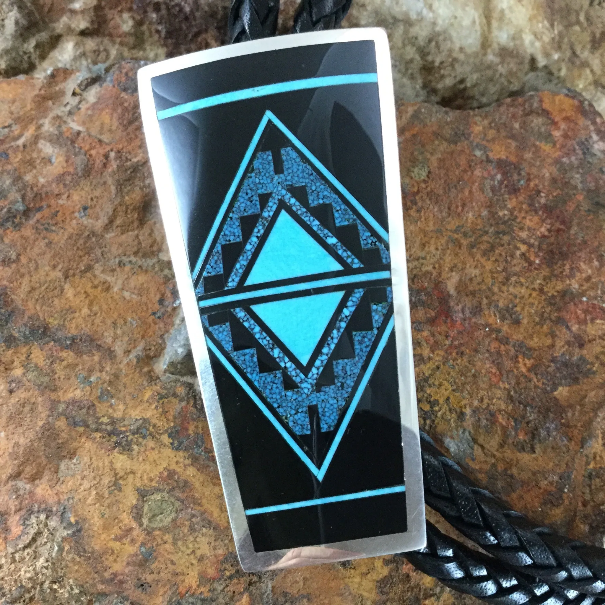 David Rosales Shadow Peak Fancy Inlaid Sterling Silver Bolo Tie
