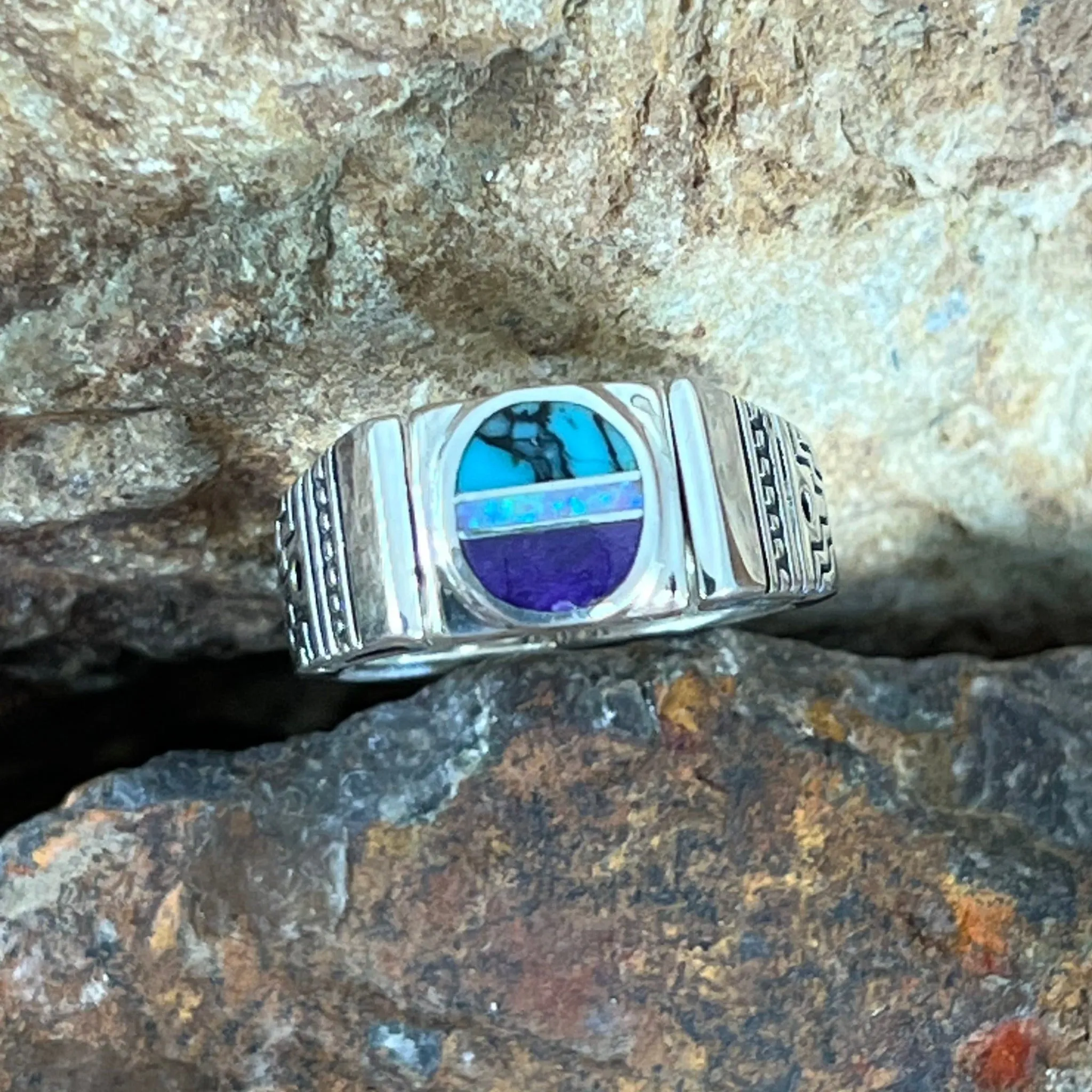 David Rosales Shalako & CZ Inlaid Sterling Silver Ring Reversible