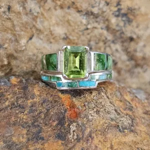 David Rosales Sonoran Gold Inlaid Sterling Silver Ring Set w/ Peridot
