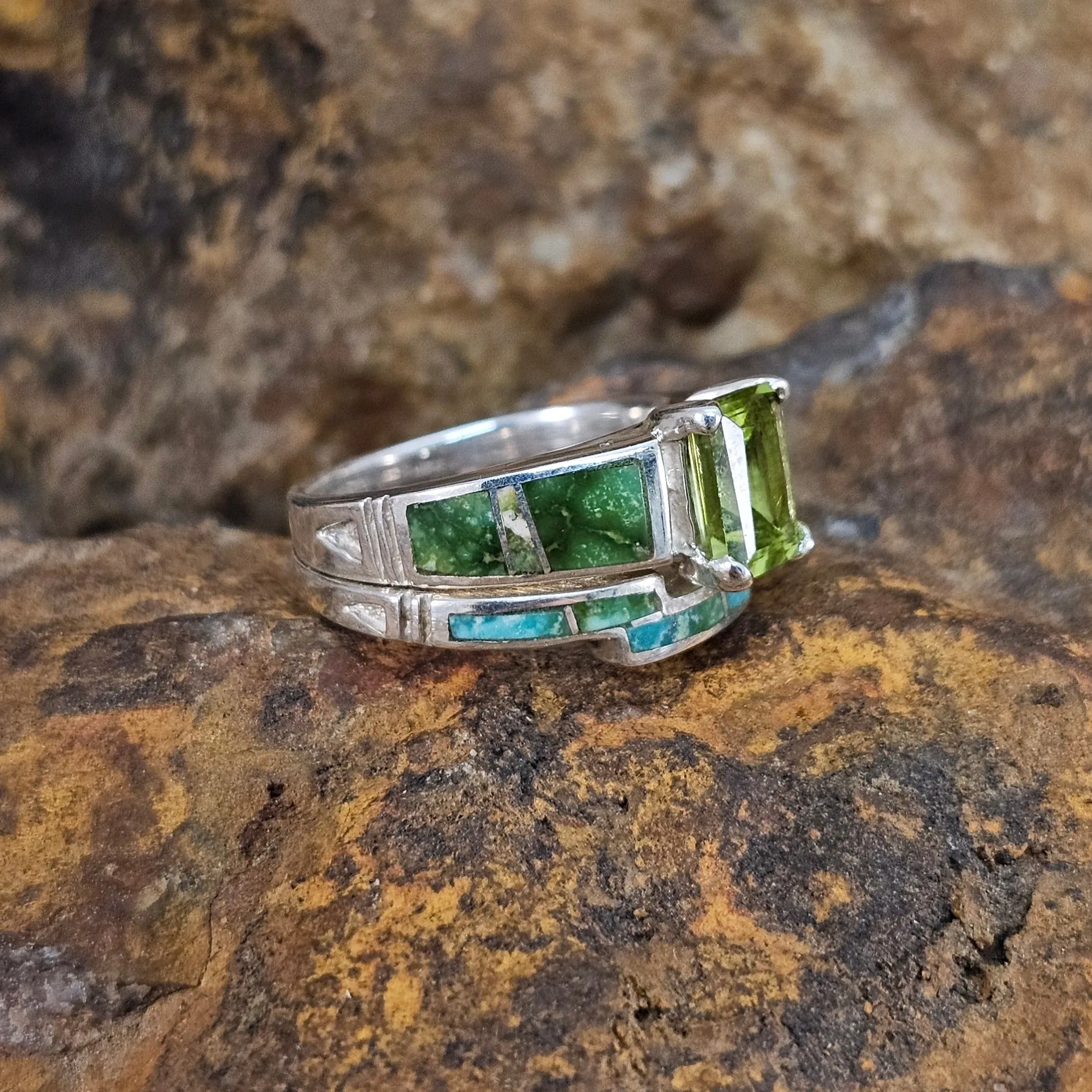 David Rosales Sonoran Gold Inlaid Sterling Silver Ring Set w/ Peridot