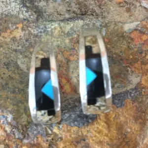 David Rosales Turquoise Creek Fancy Inlaid Sterling Silver Earrings Huggie