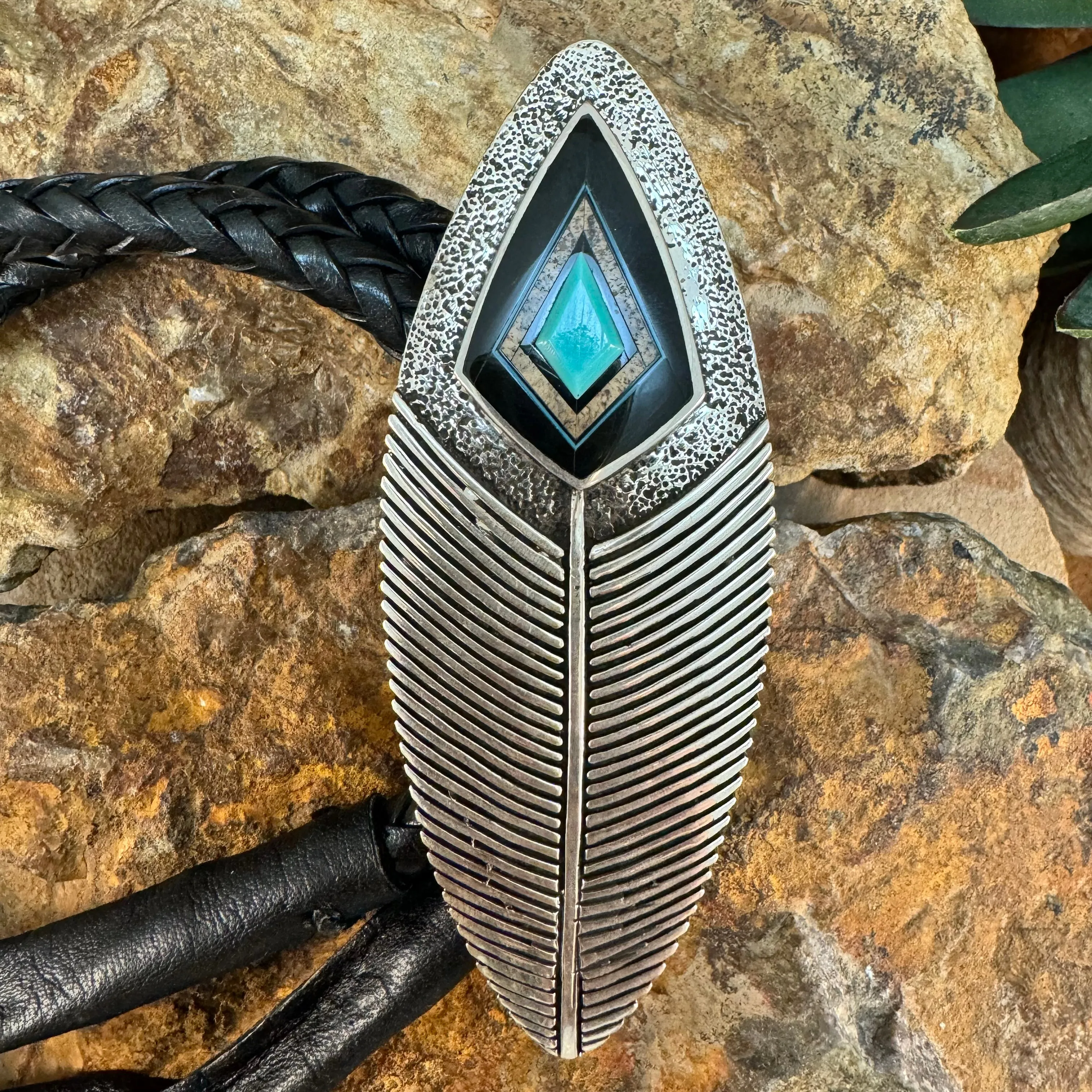 David Rosales Turquoise Creek Inlaid Turquoise Sterling Silver Bolo Tie