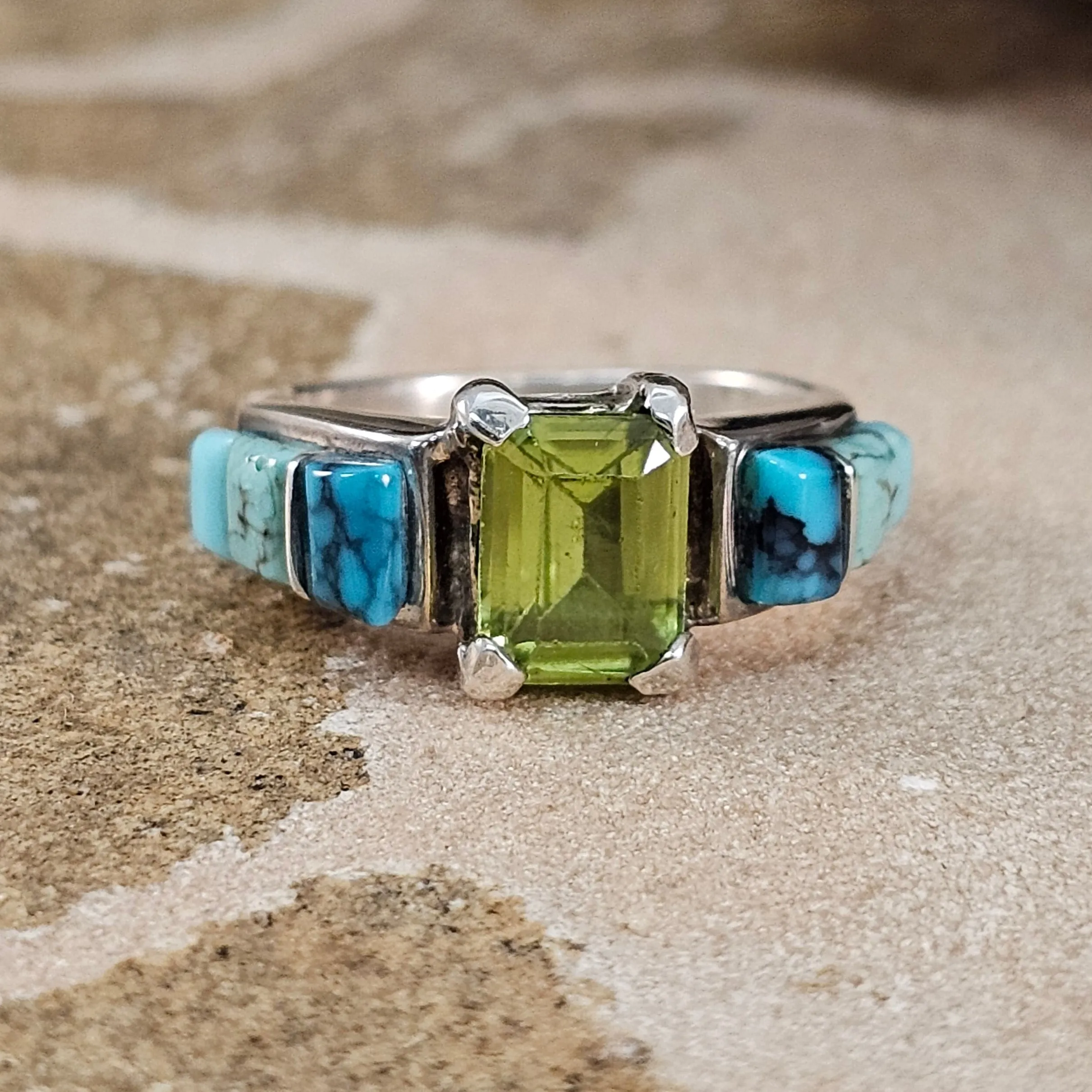 David Rosales Turquoise Valley Cobble Inlaid Sterling Silver Ring w/ Peridot