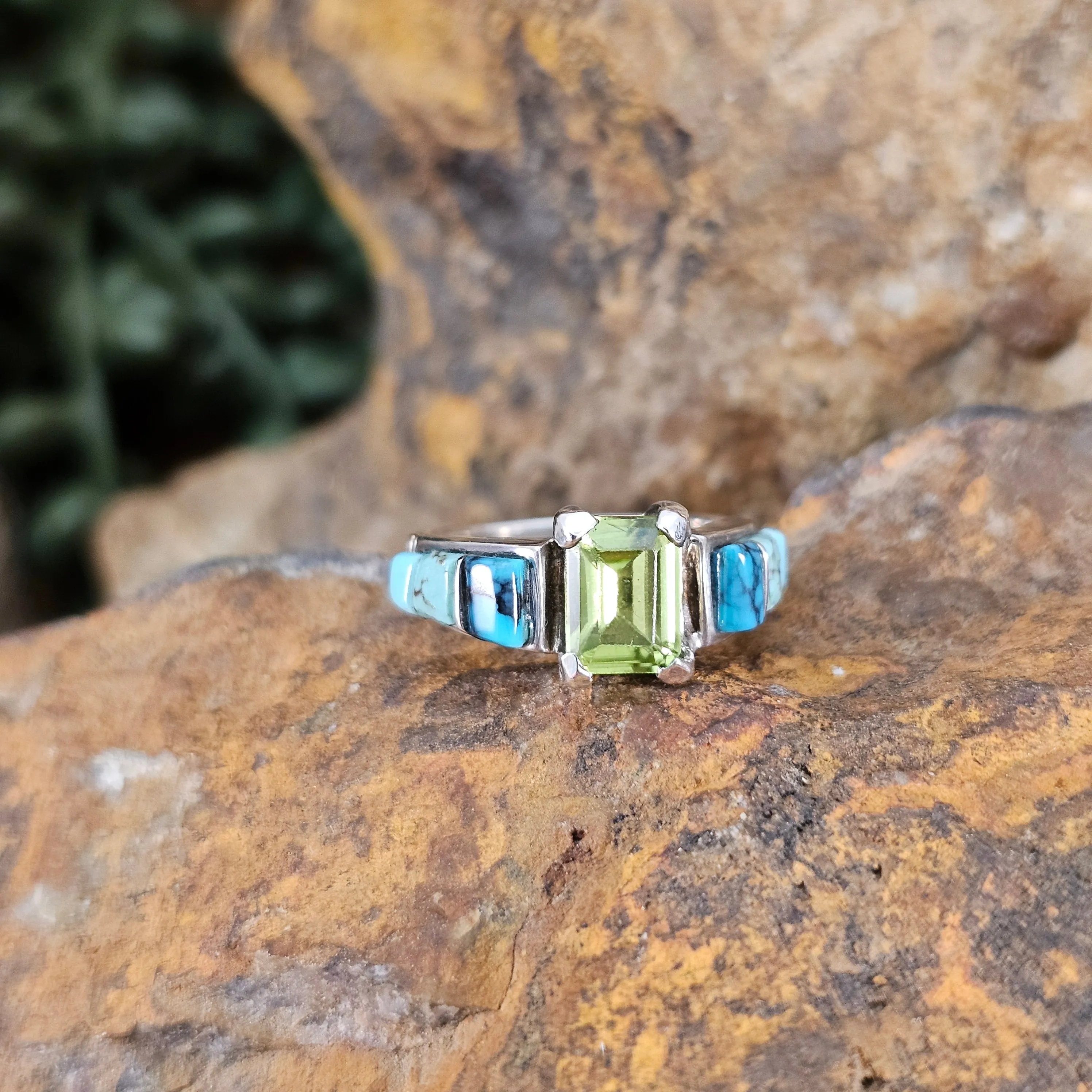 David Rosales Turquoise Valley Cobble Inlaid Sterling Silver Ring w/ Peridot