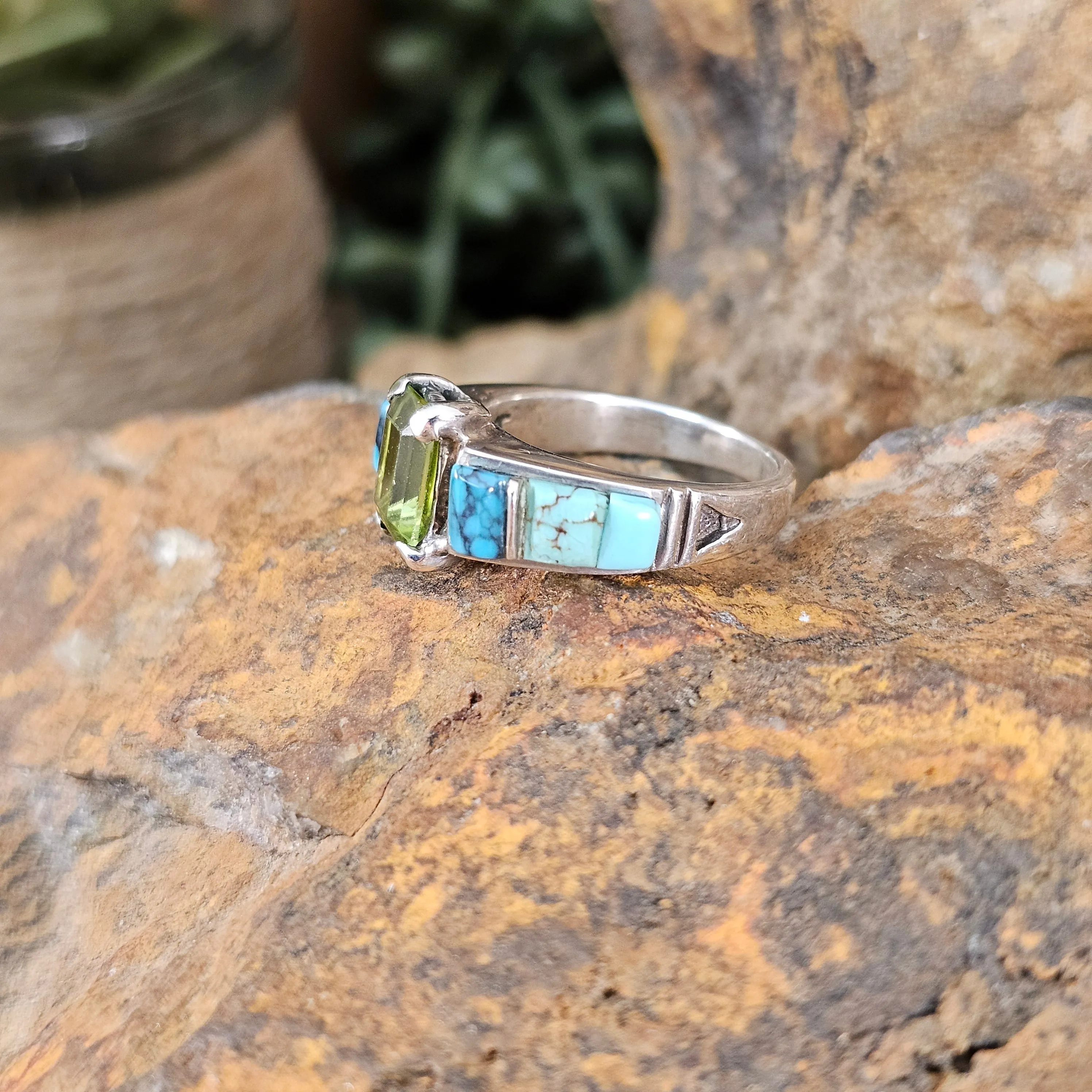 David Rosales Turquoise Valley Cobble Inlaid Sterling Silver Ring w/ Peridot