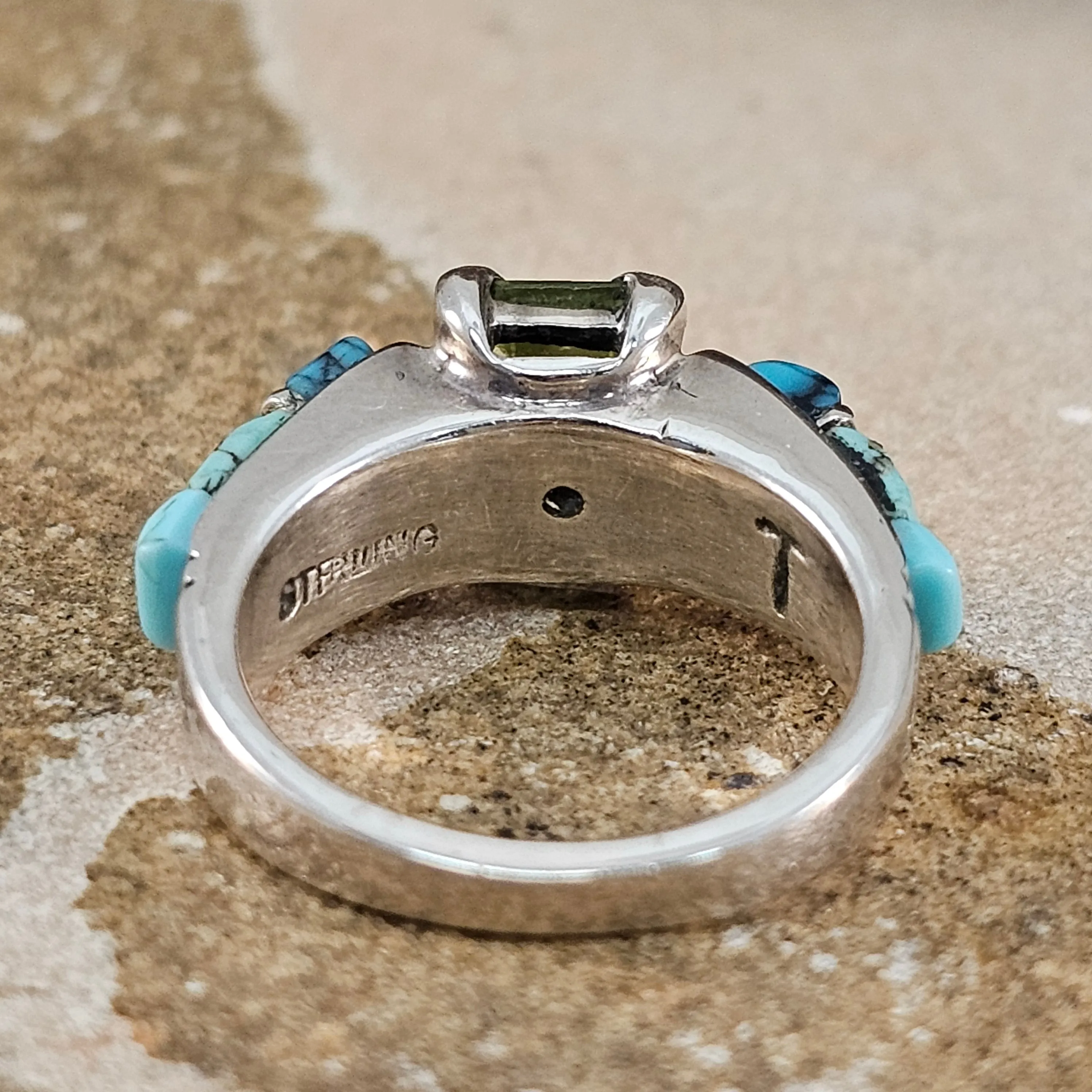 David Rosales Turquoise Valley Cobble Inlaid Sterling Silver Ring w/ Peridot