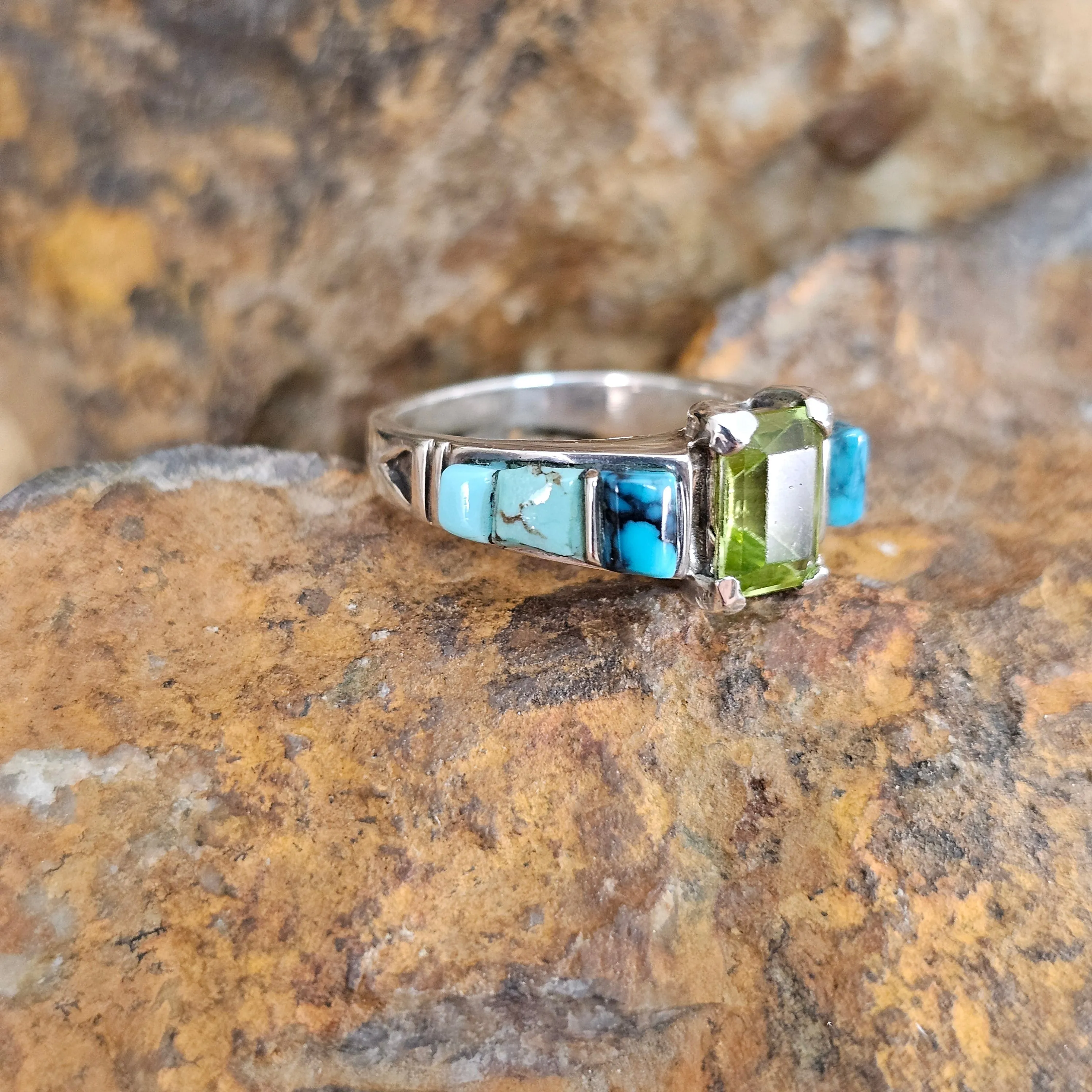 David Rosales Turquoise Valley Cobble Inlaid Sterling Silver Ring w/ Peridot