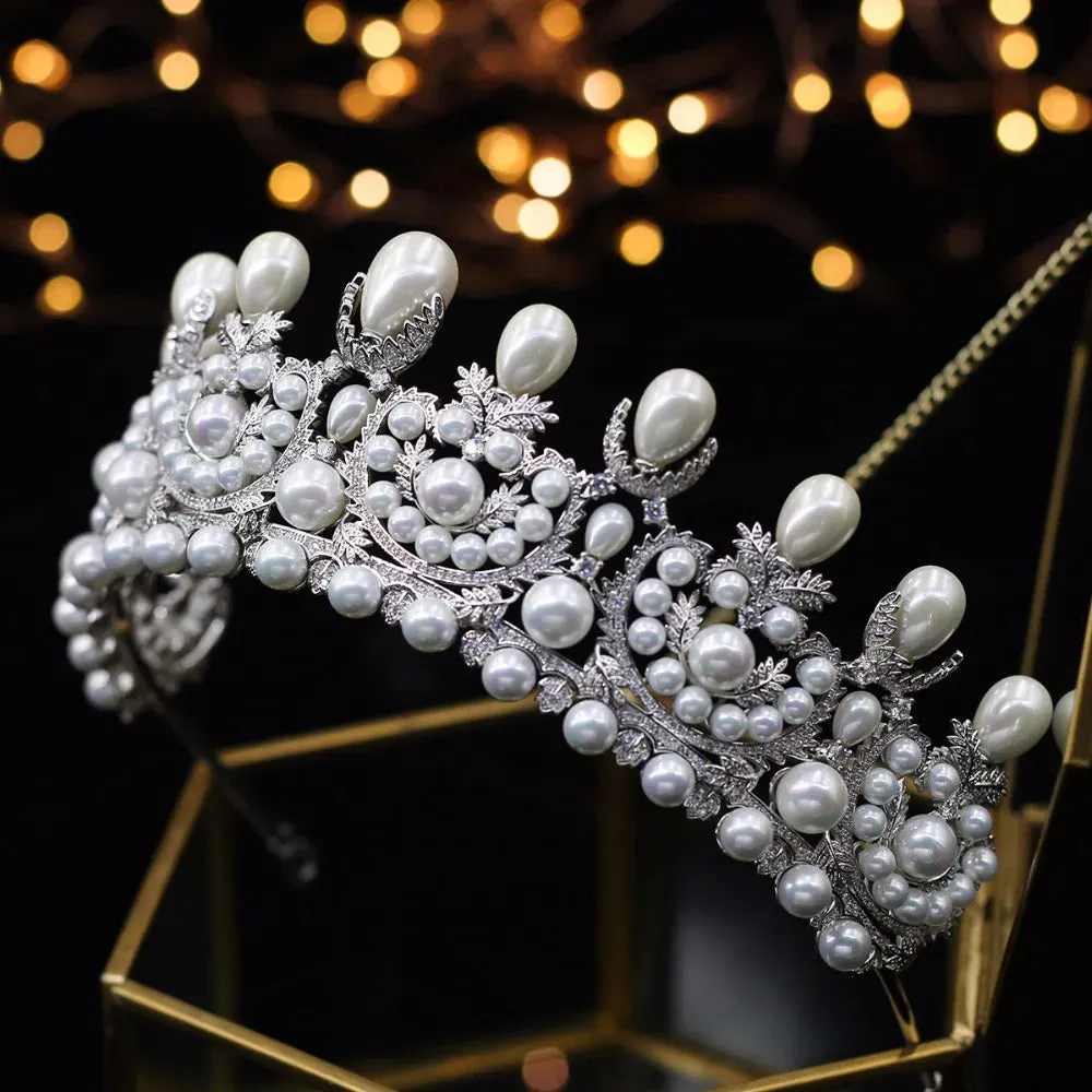 Designer Gorgeous Wedding Tiara Bridal Crowns with Big Pearl Zircon Crystals