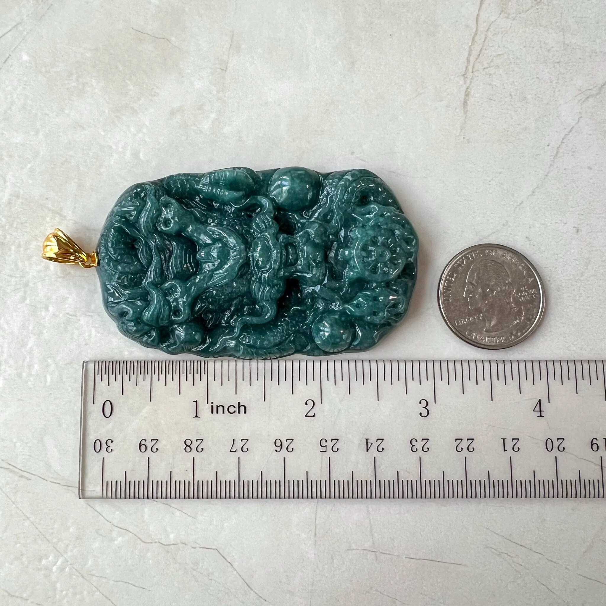 Dragon's Prosperity Jade Pendant, Style 1, Large Green Jadeite Jade Dragon Hand Carved Pendant with 18K Gold, WEN-0424-1720802906
