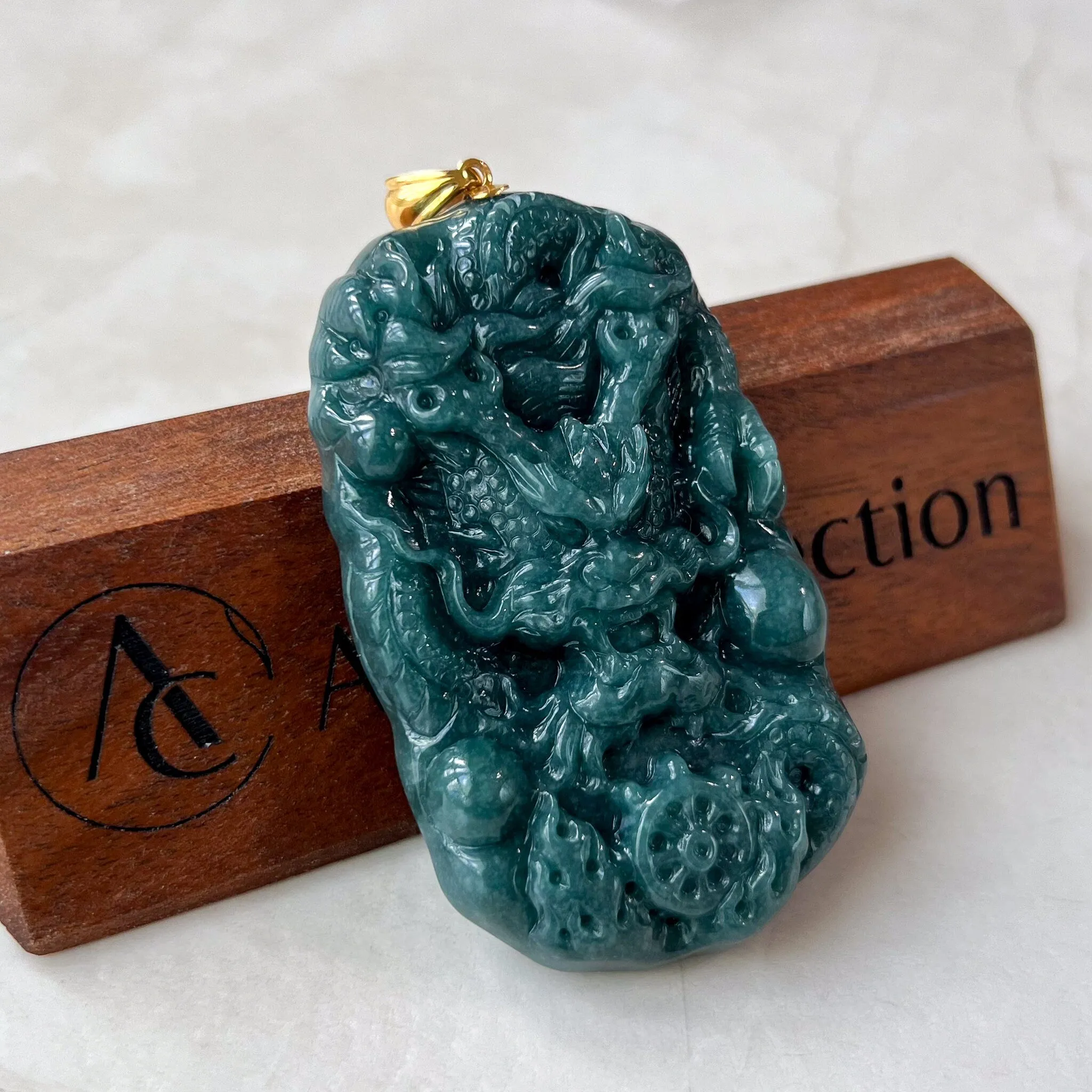Dragon's Prosperity Jade Pendant, Style 1, Large Green Jadeite Jade Dragon Hand Carved Pendant with 18K Gold, WEN-0424-1720802906