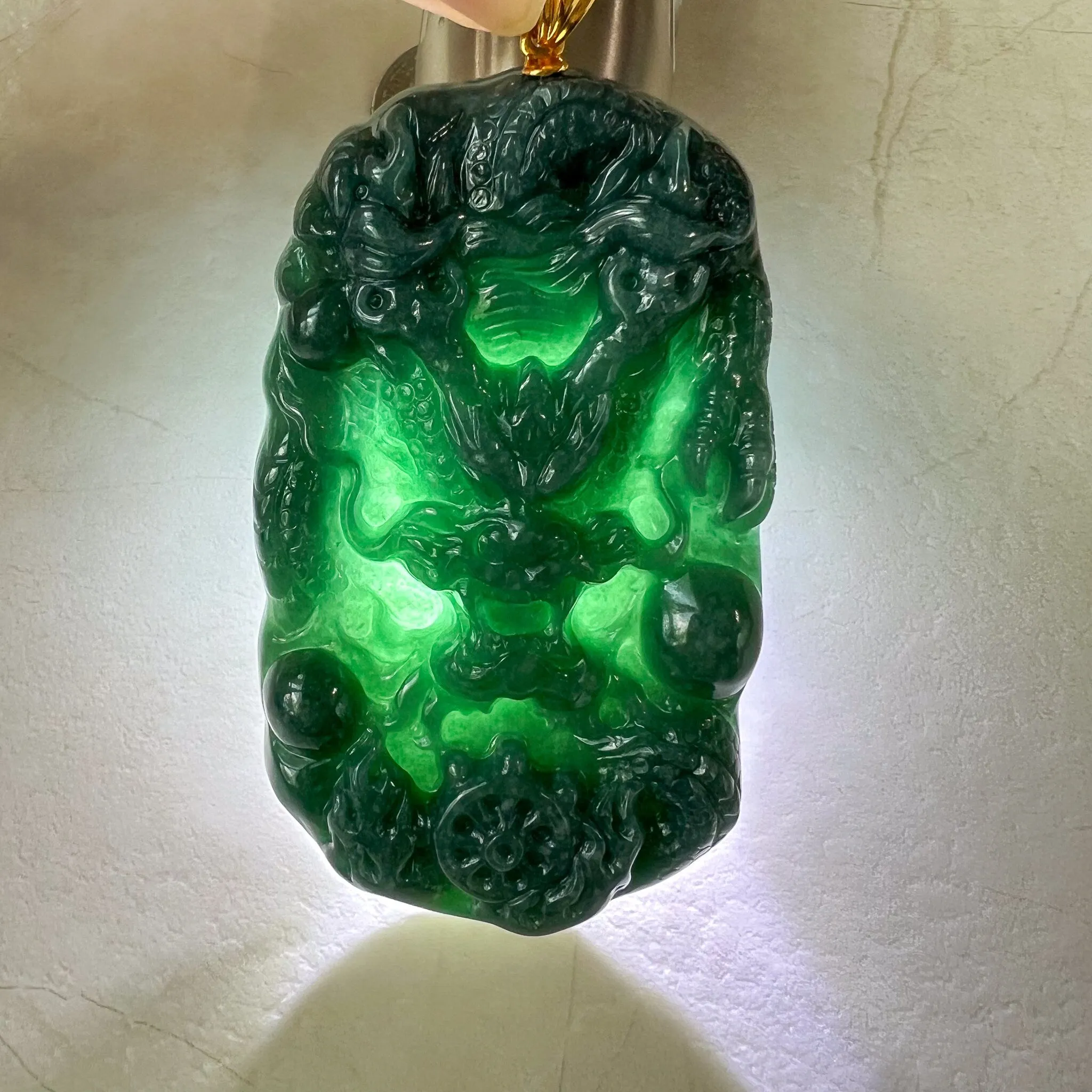 Dragon's Prosperity Jade Pendant, Style 1, Large Green Jadeite Jade Dragon Hand Carved Pendant with 18K Gold, WEN-0424-1720802906