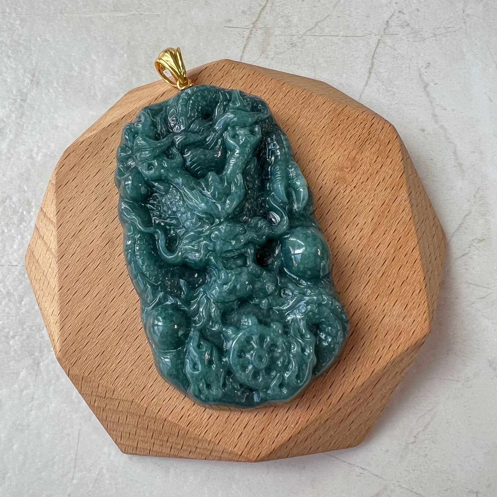 Dragon's Prosperity Jade Pendant, Style 1, Large Green Jadeite Jade Dragon Hand Carved Pendant with 18K Gold, WEN-0424-1720802906