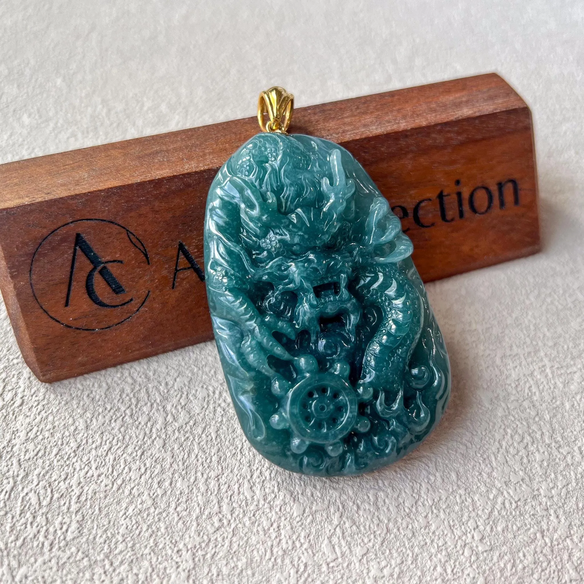 Dragon's Prosperity Jade Pendant, Style 2, Large Green Jadeite Jade Dragon Hand Carved Pendant with 18K Gold, WEN-0424-1727647070