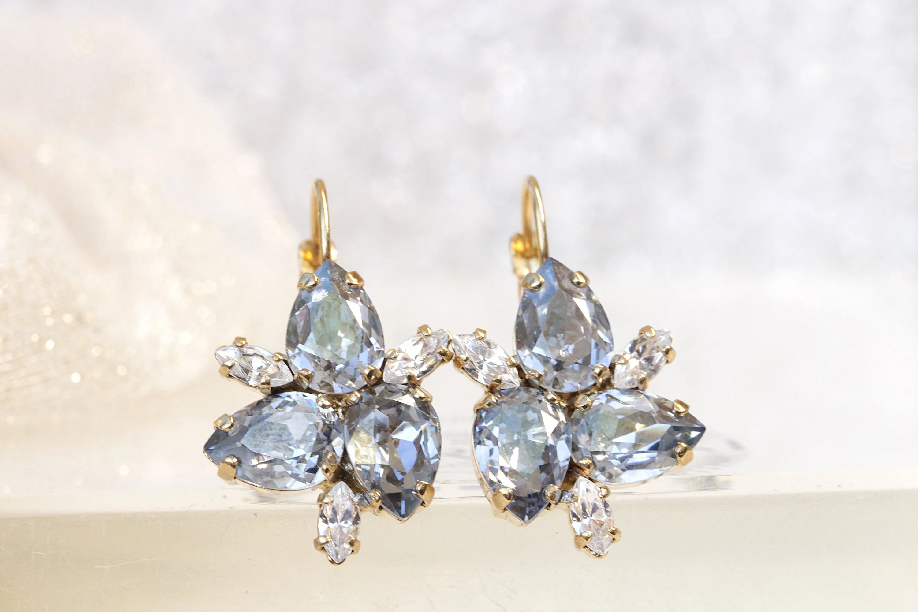 DUSTY BLUE CRYSTAL Leaves Earrings