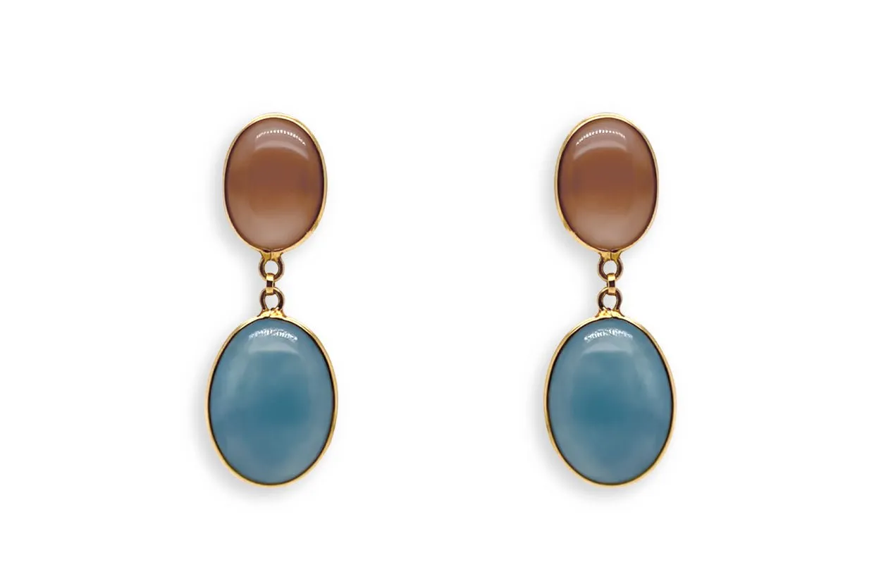Earrings 18kt Gold Aquamarine & Moonstone Ovals