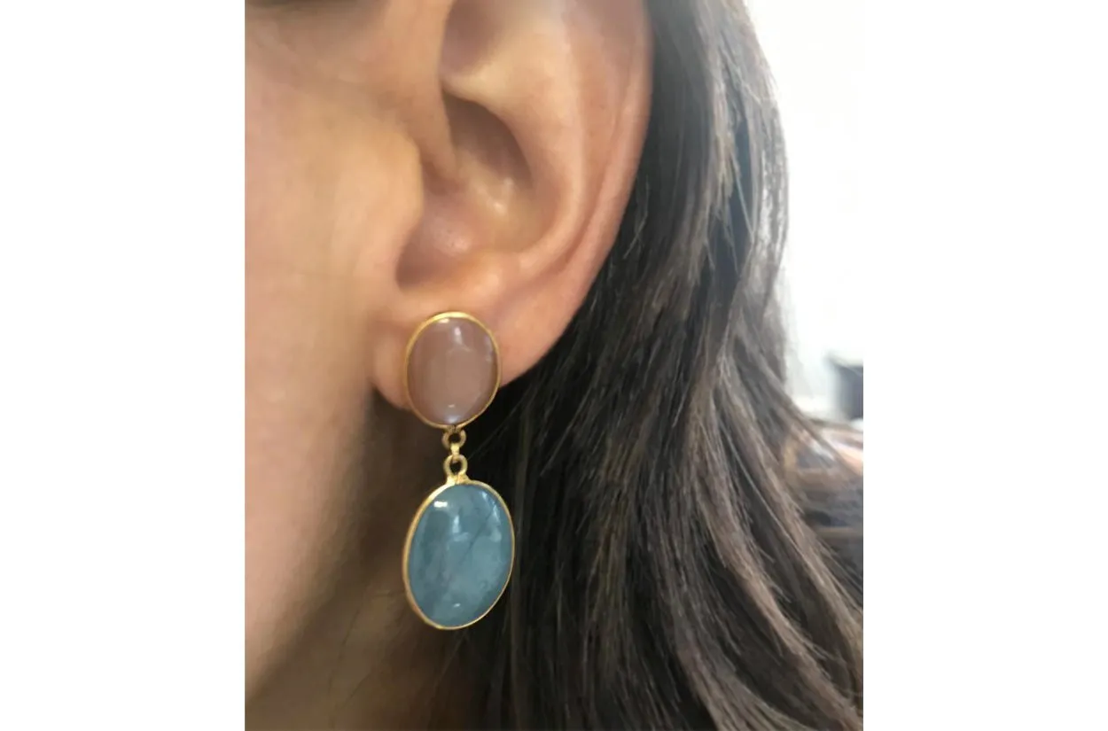 Earrings 18kt Gold Aquamarine & Moonstone Ovals