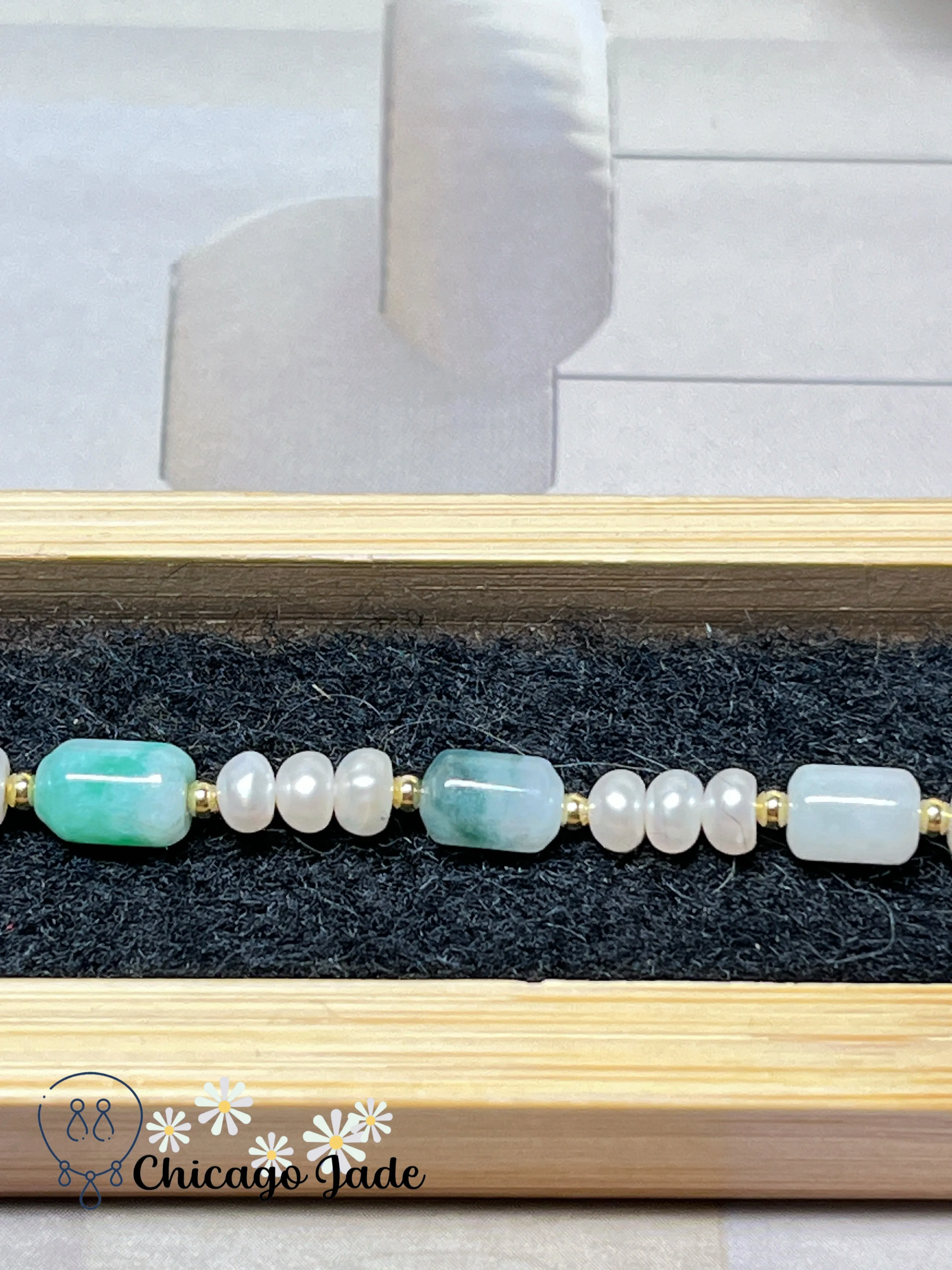 Elegant Dainty Jadiete Jade Feicui Bracelet Natural Untreated Grade A Burma with Freshwater Pearl Handmade Gift