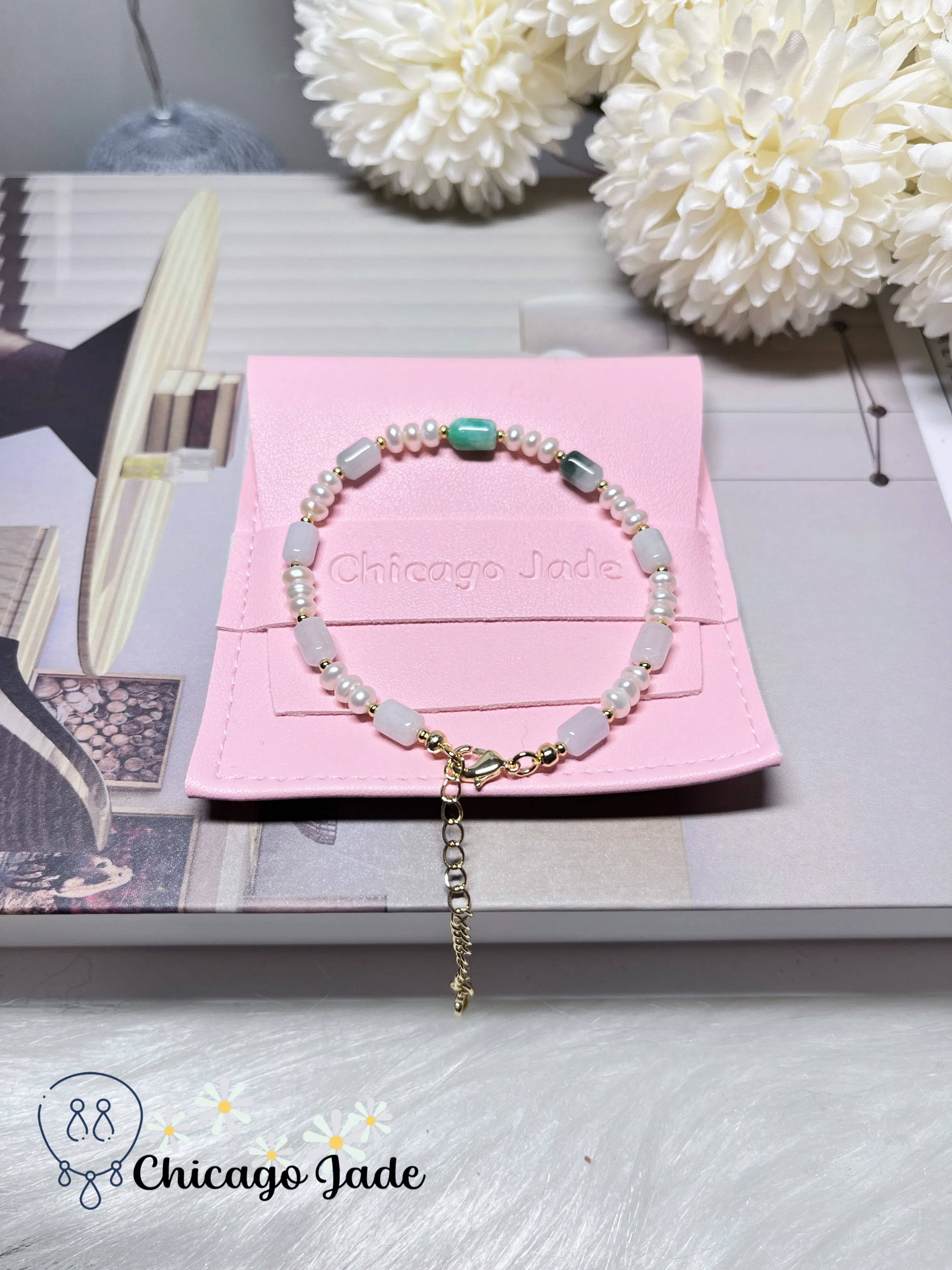 Elegant Dainty Jadiete Jade Feicui Bracelet Natural Untreated Grade A Burma with Freshwater Pearl Handmade Gift