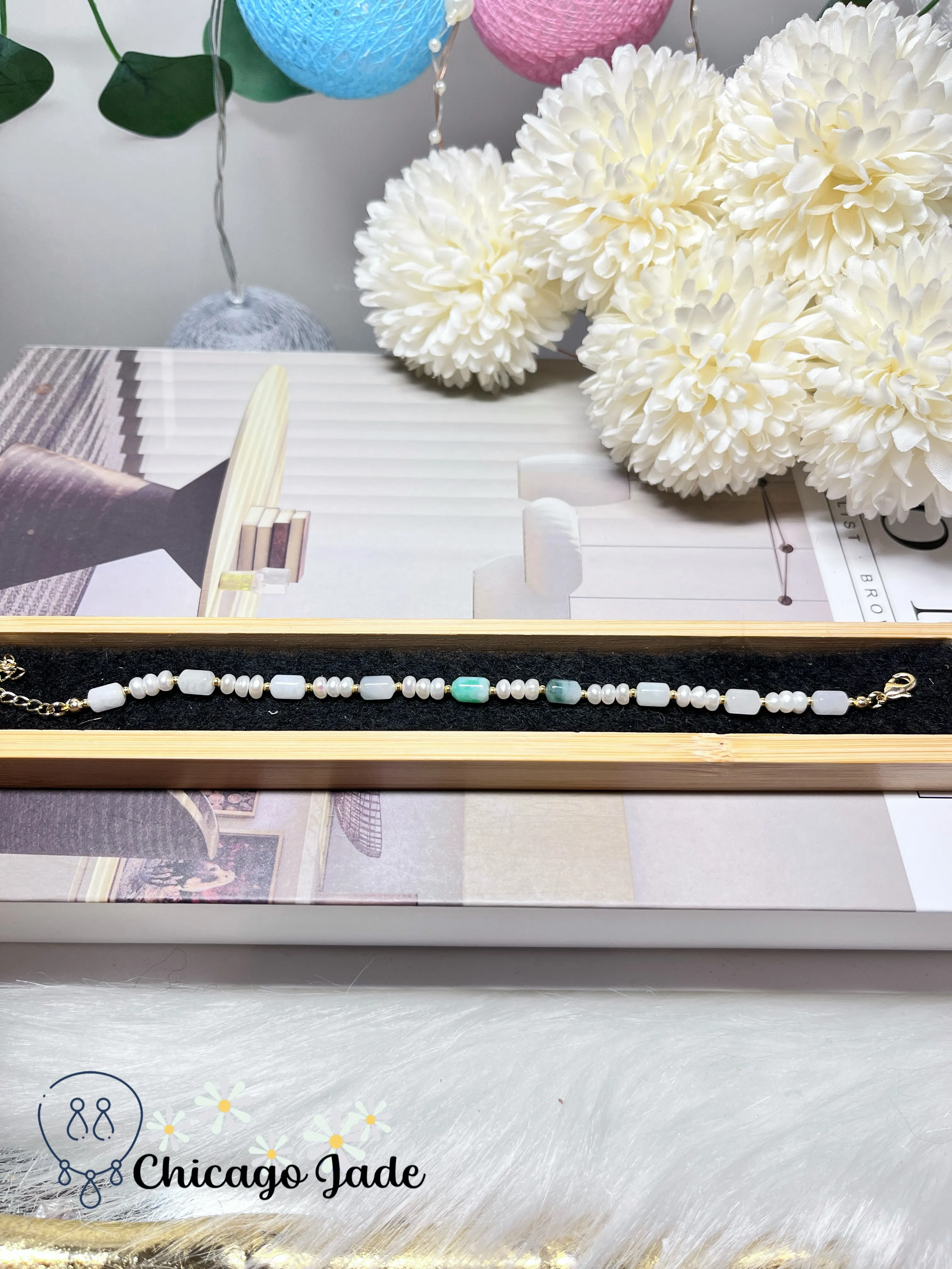 Elegant Dainty Jadiete Jade Feicui Bracelet Natural Untreated Grade A Burma with Freshwater Pearl Handmade Gift