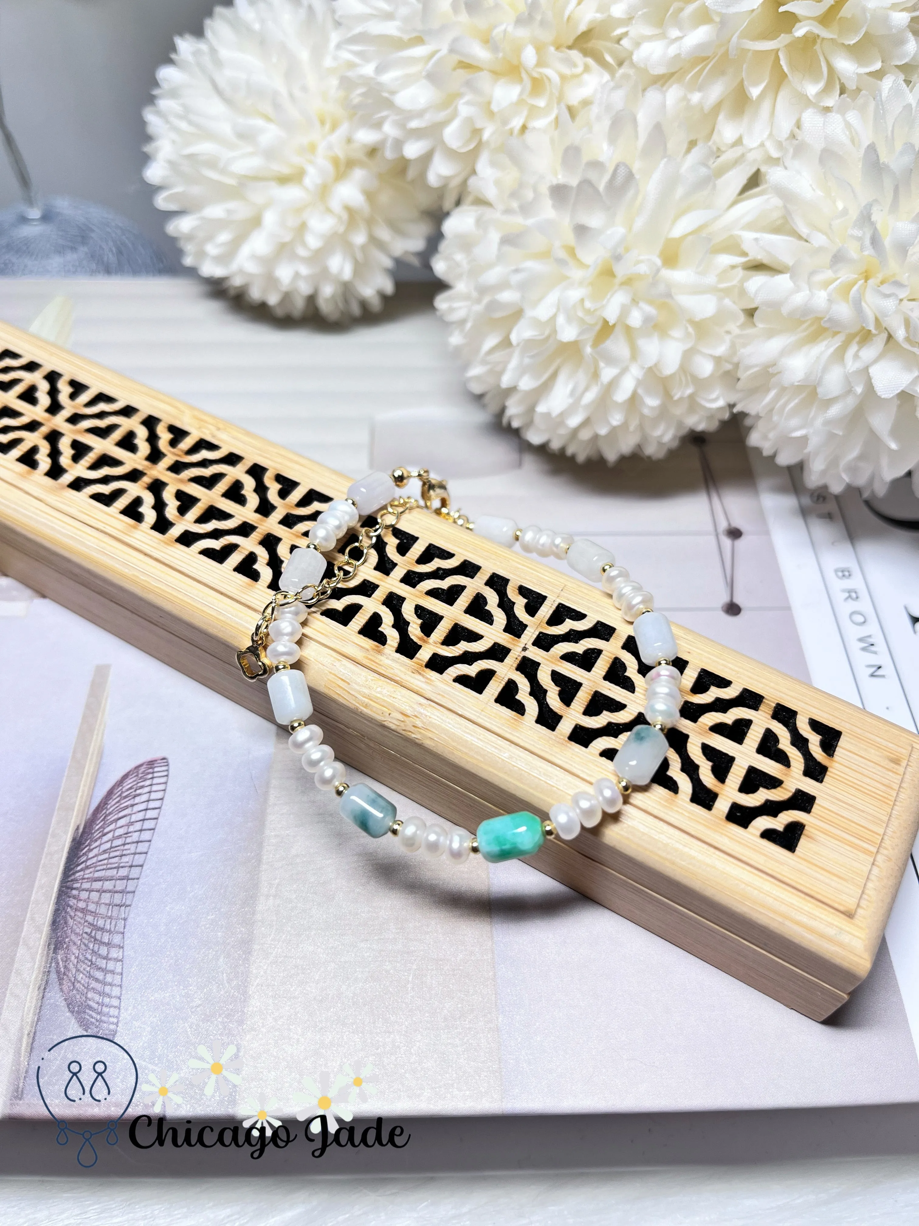 Elegant Dainty Jadiete Jade Feicui Bracelet Natural Untreated Grade A Burma with Freshwater Pearl Handmade Gift