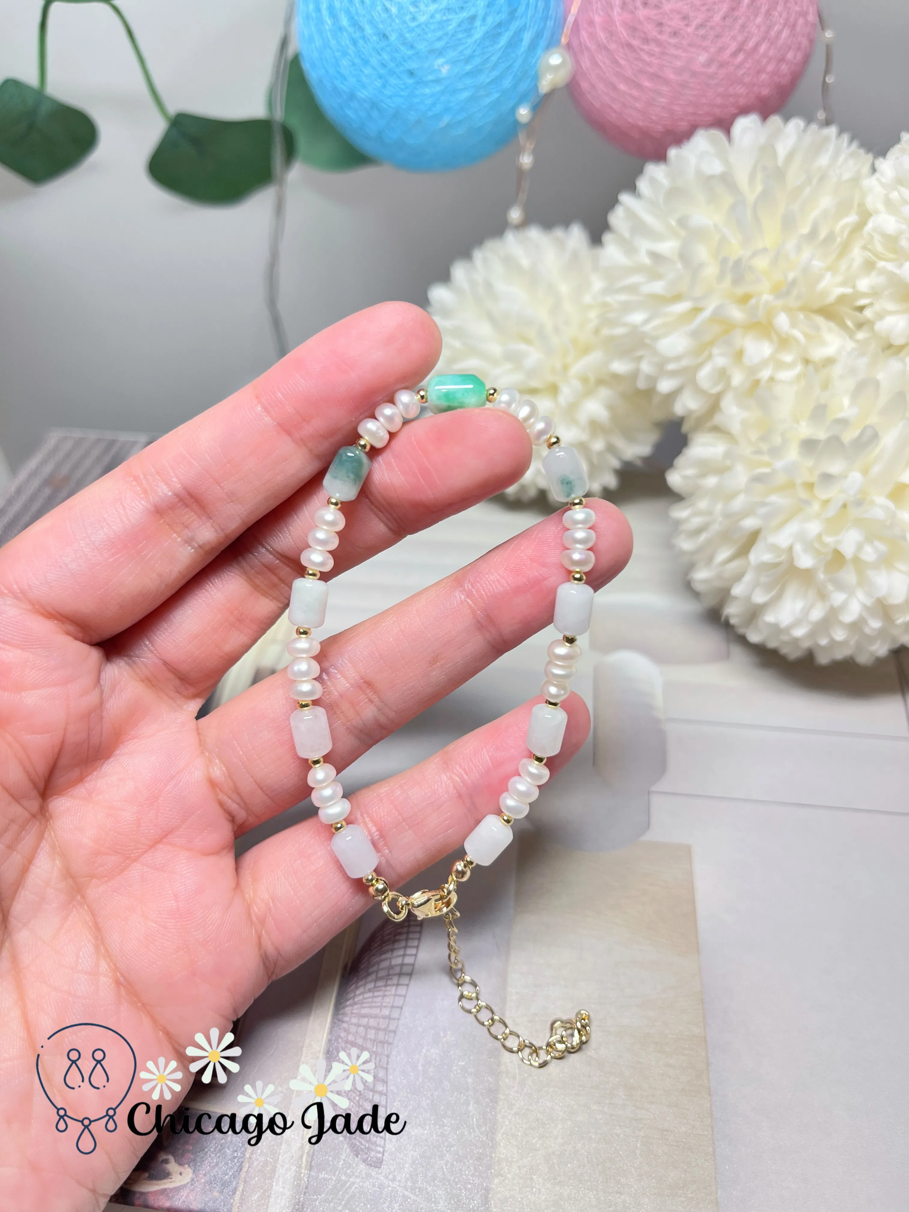 Elegant Dainty Jadiete Jade Feicui Bracelet Natural Untreated Grade A Burma with Freshwater Pearl Handmade Gift