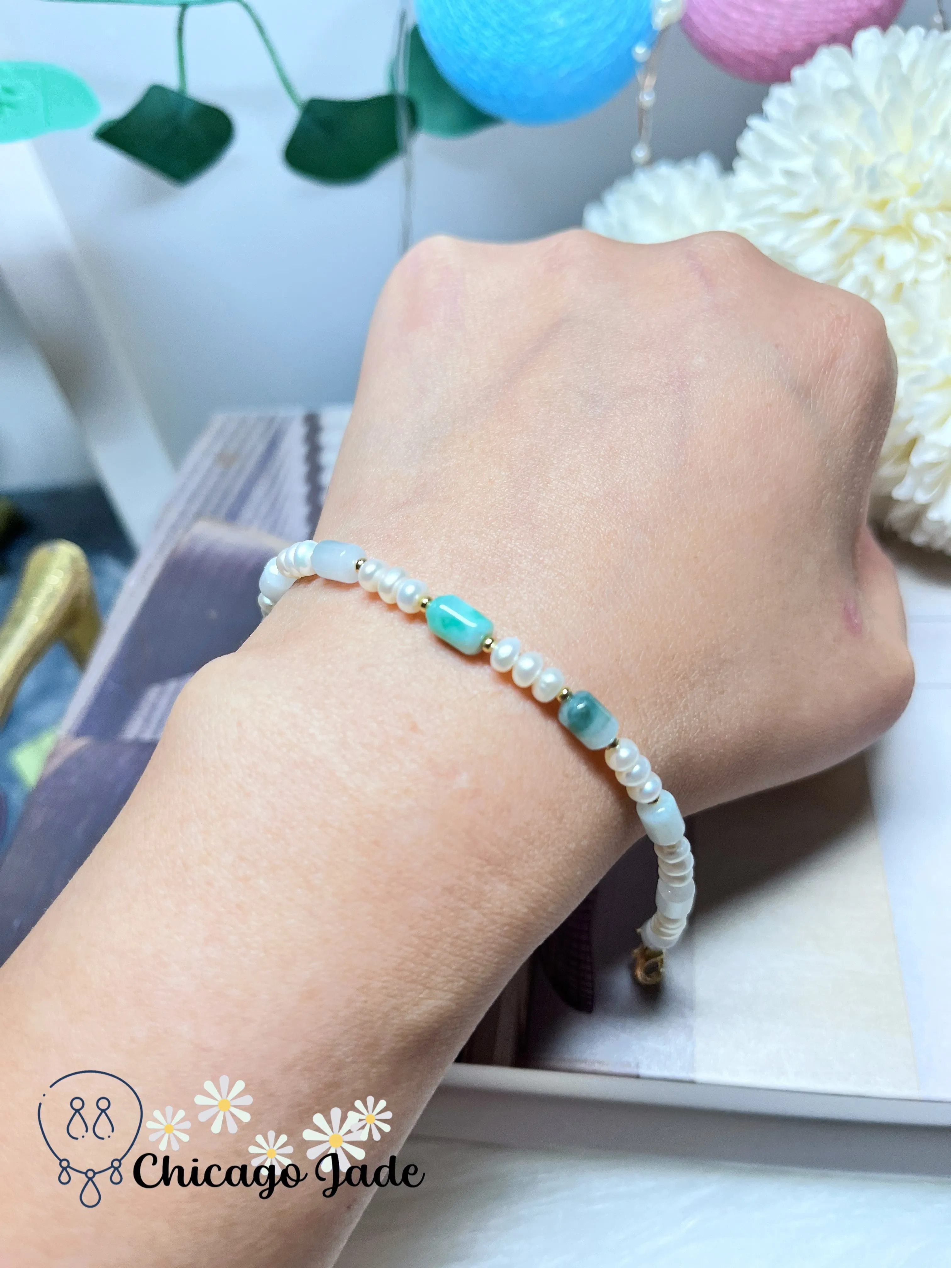 Elegant Dainty Jadiete Jade Feicui Bracelet Natural Untreated Grade A Burma with Freshwater Pearl Handmade Gift