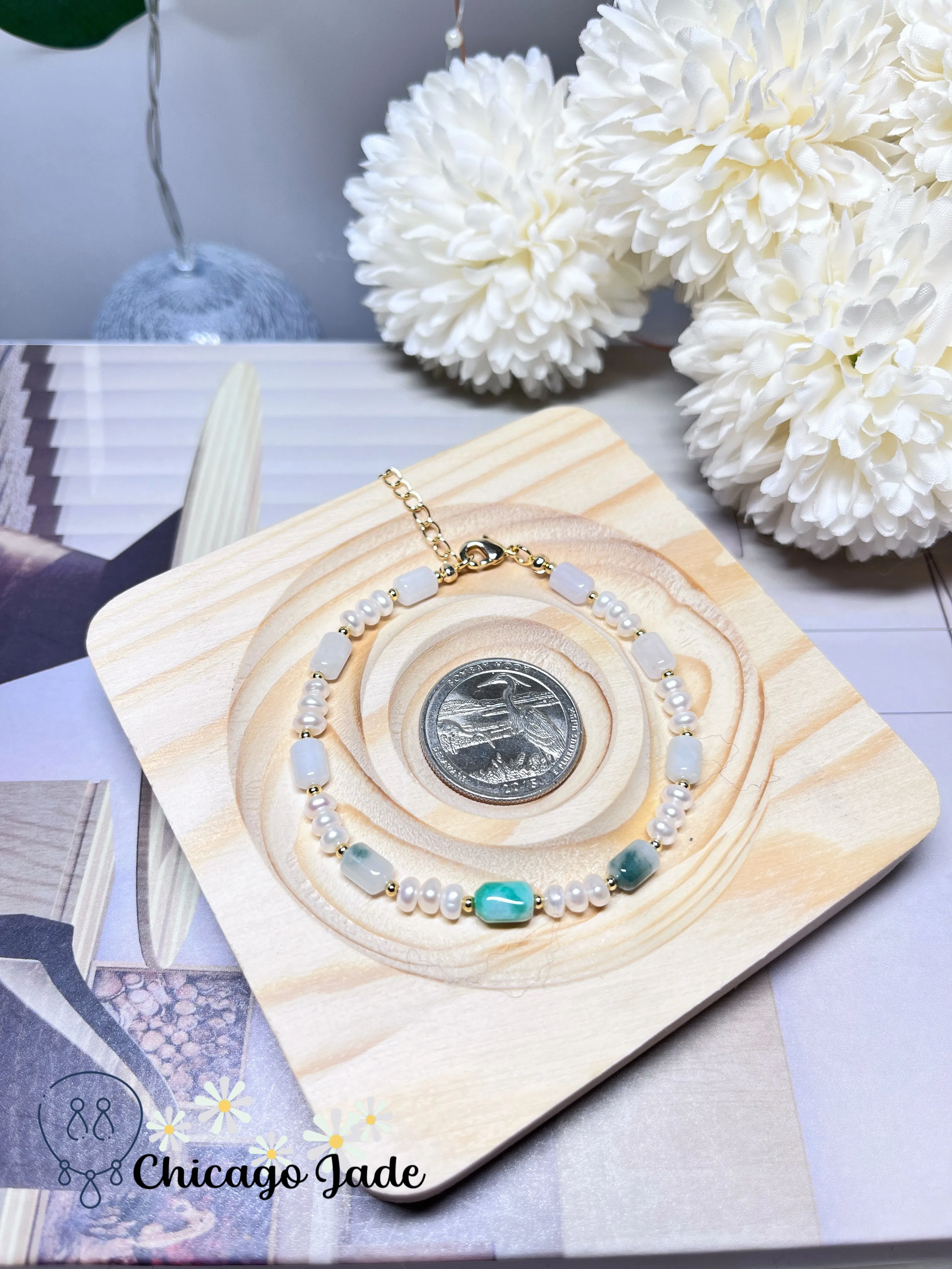 Elegant Dainty Jadiete Jade Feicui Bracelet Natural Untreated Grade A Burma with Freshwater Pearl Handmade Gift