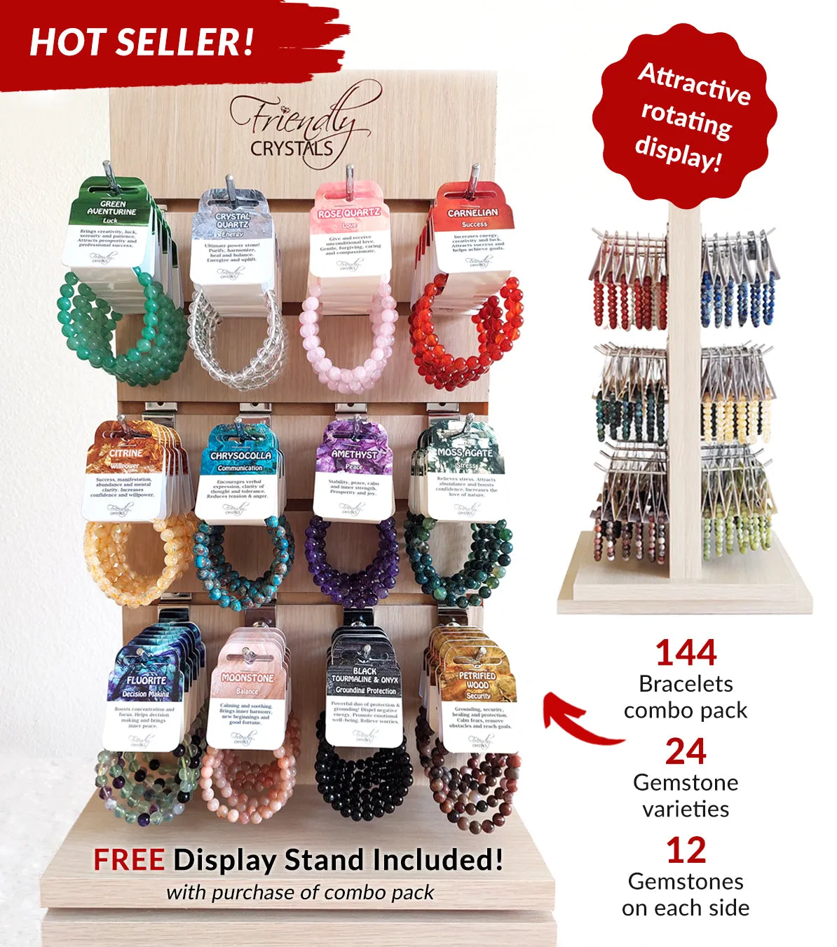 Faceted Gemstone Bracelets Combo Pack - 96 Faceted 8mm Bracelets & FREE Rotating Display Stand!