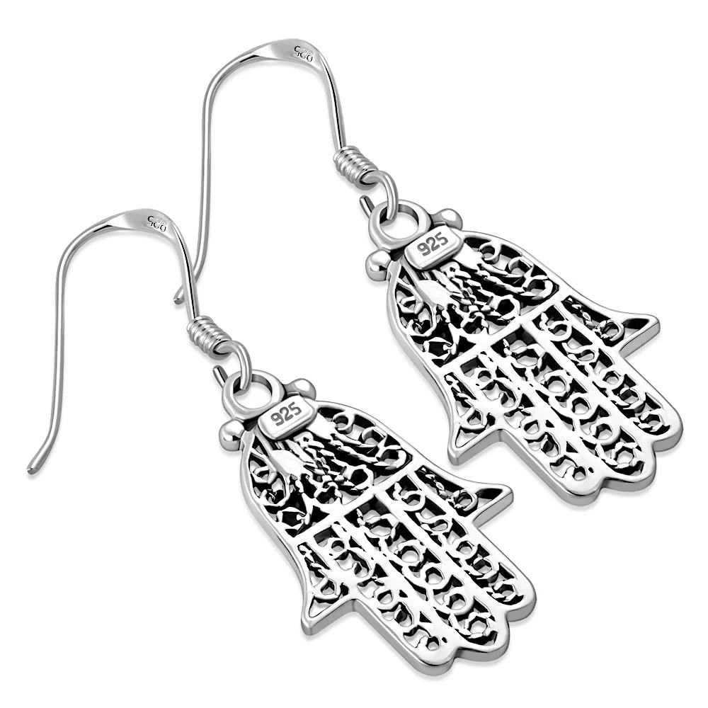 Filigree work Hamsa Earring with Synthetic Azure Blue Opal