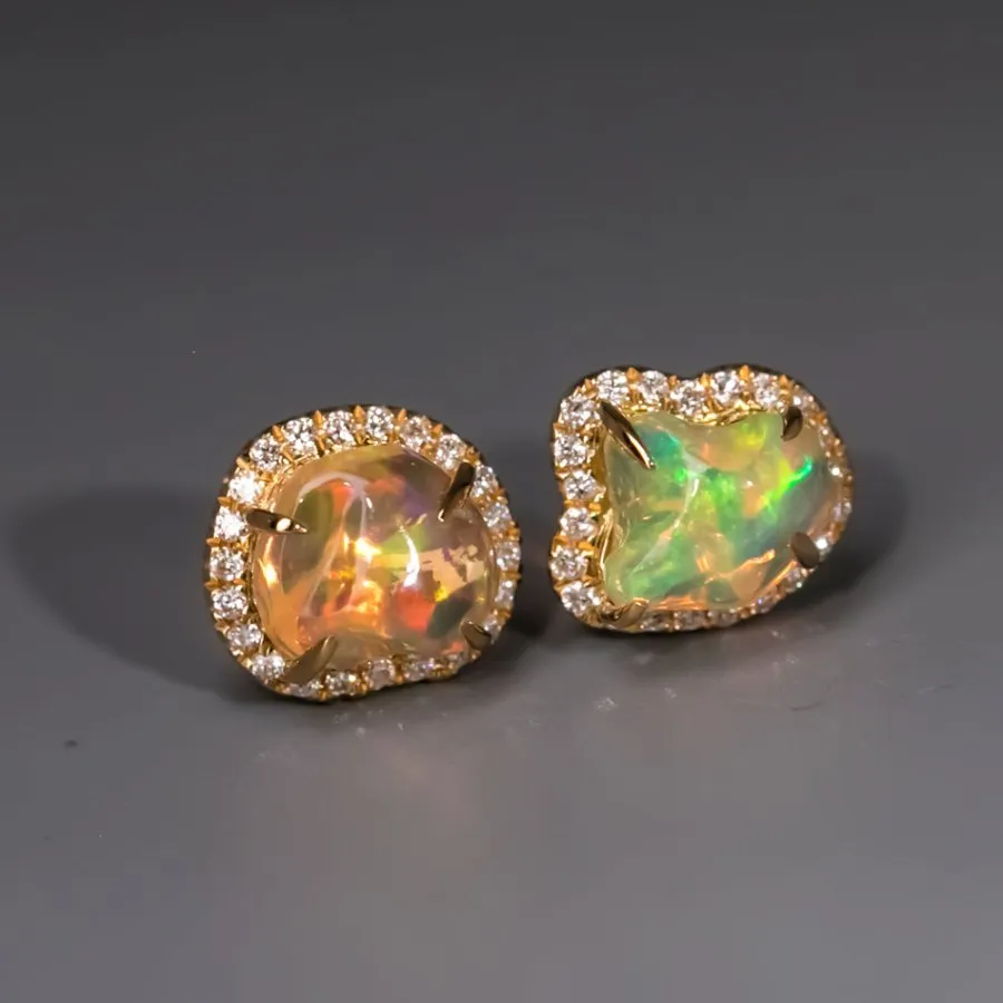 Fire Opal Halo Diamond Asymmetrical Stud Earrings 18K Yellow Gold