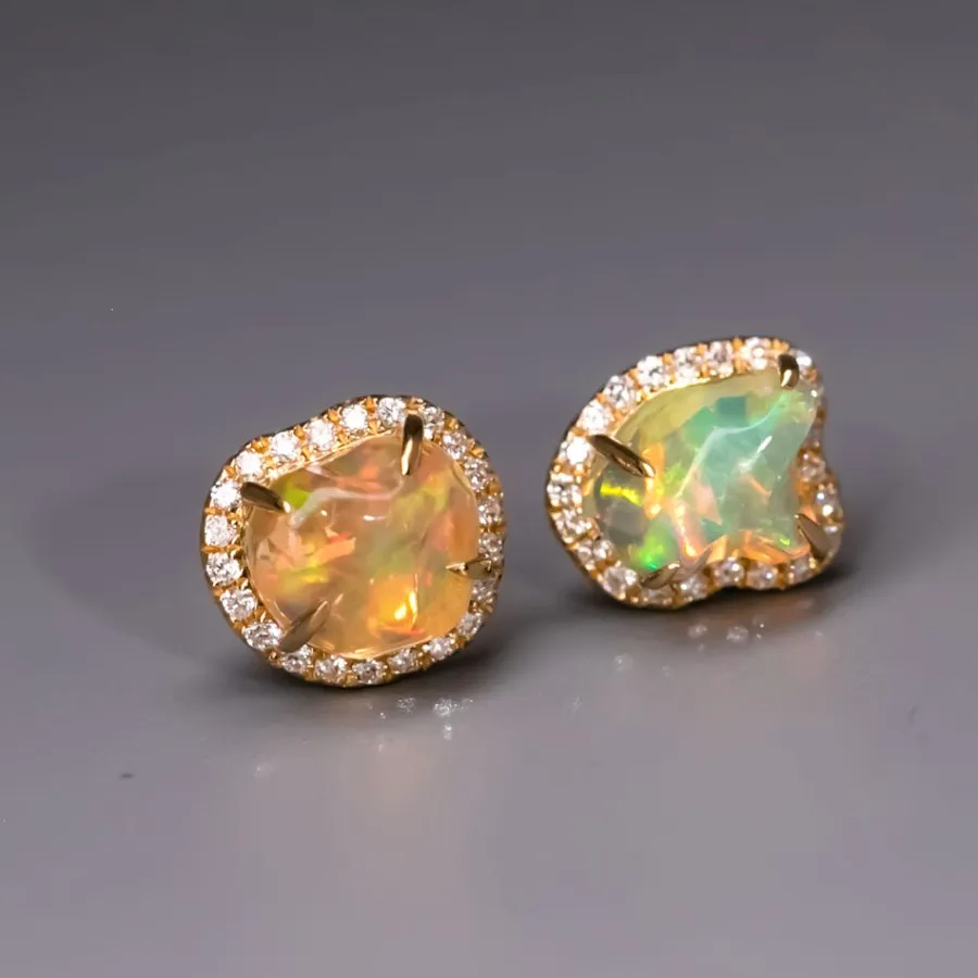 Fire Opal Halo Diamond Asymmetrical Stud Earrings 18K Yellow Gold