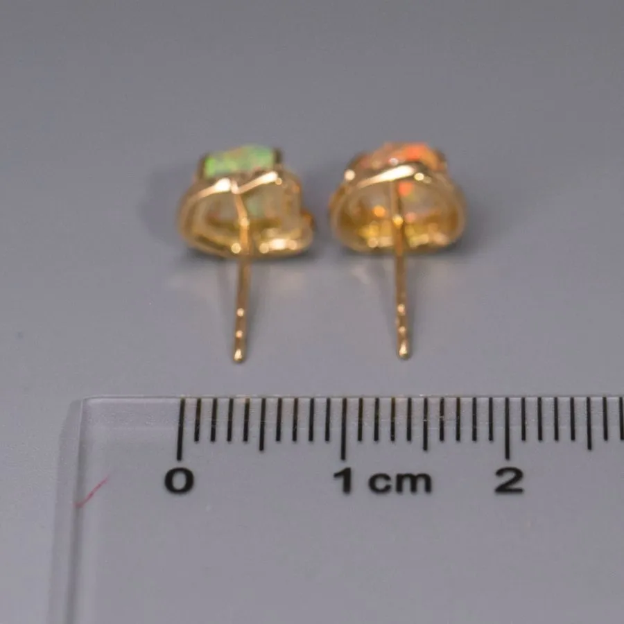 Fire Opal Halo Diamond Asymmetrical Stud Earrings 18K Yellow Gold