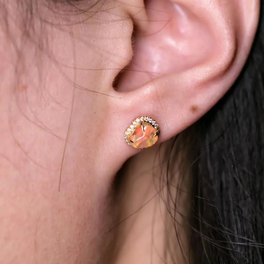 Fire Opal Halo Diamond Asymmetrical Stud Earrings 18K Yellow Gold