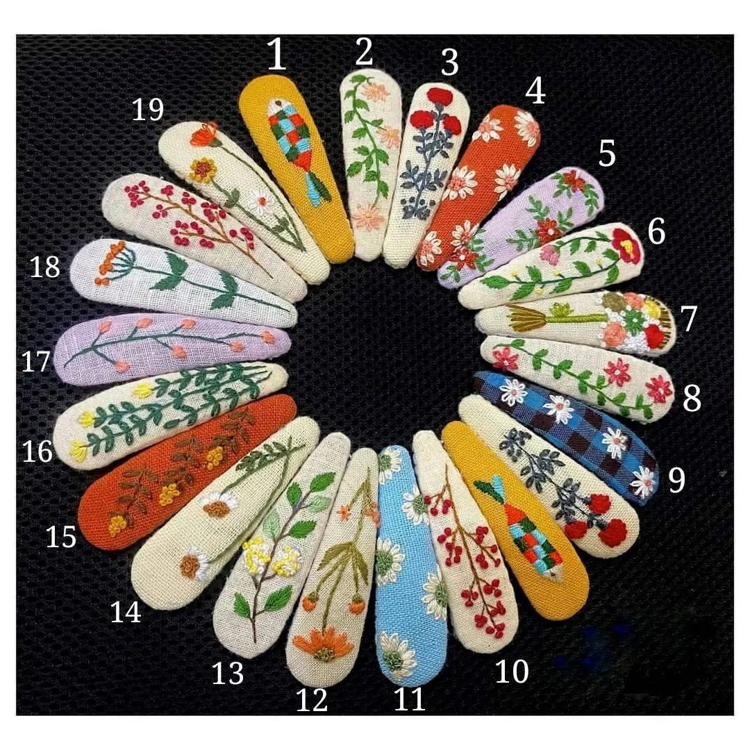 Floral Embroidered Linen Teardrop Hair Barrette, Collection Ellie