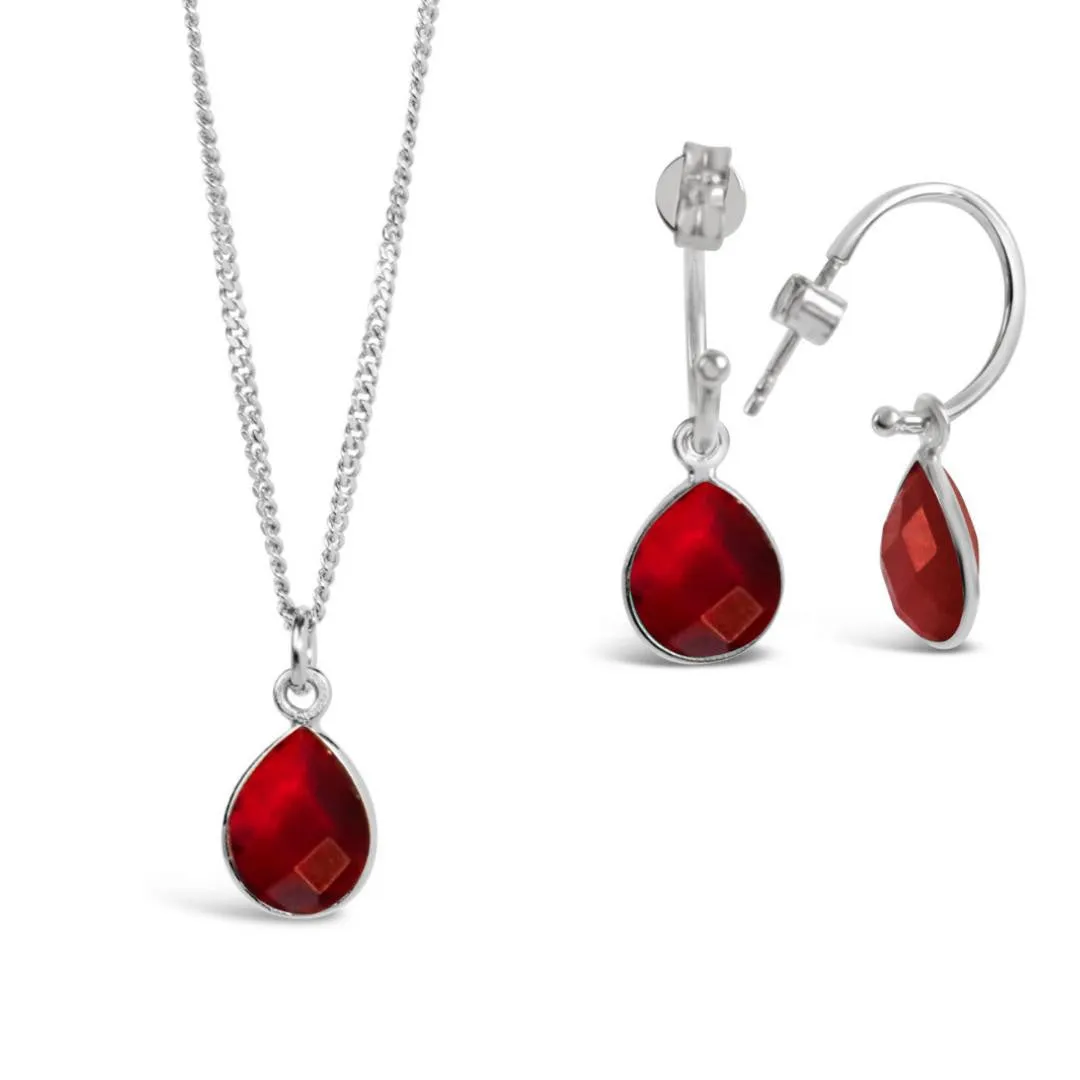 Garnet Drop Hoop Earrings | Silver - January