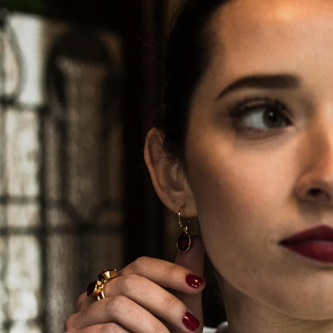 Garnet Drop Hoop Earrings | Silver - January
