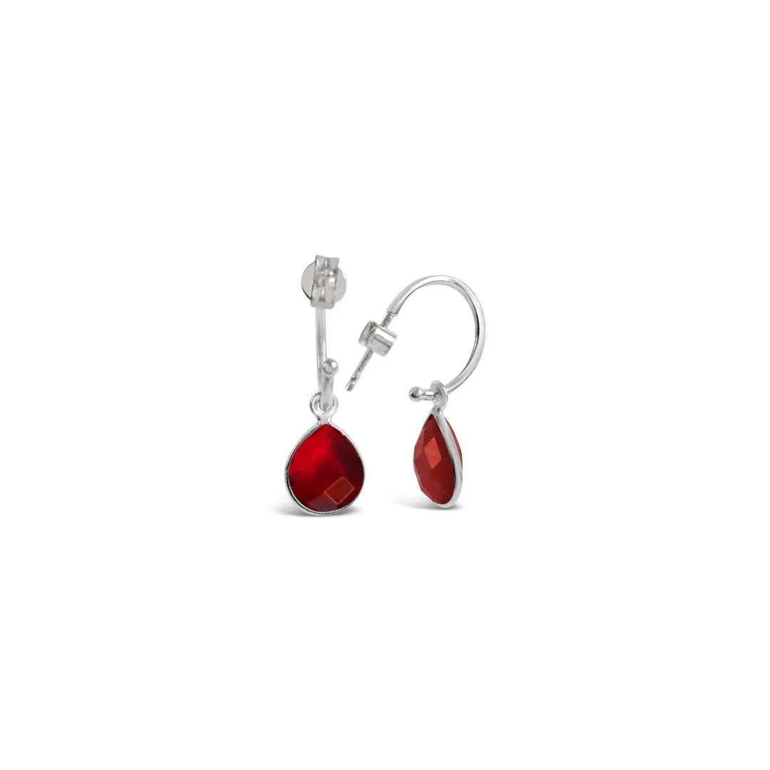 Garnet Drop Hoop Earrings | Silver - January