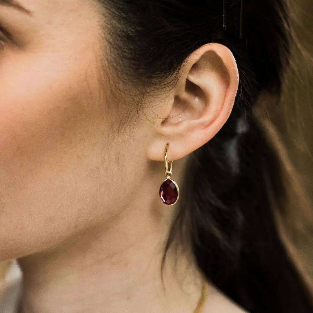 Garnet Drop Hoop Earrings | Silver - January