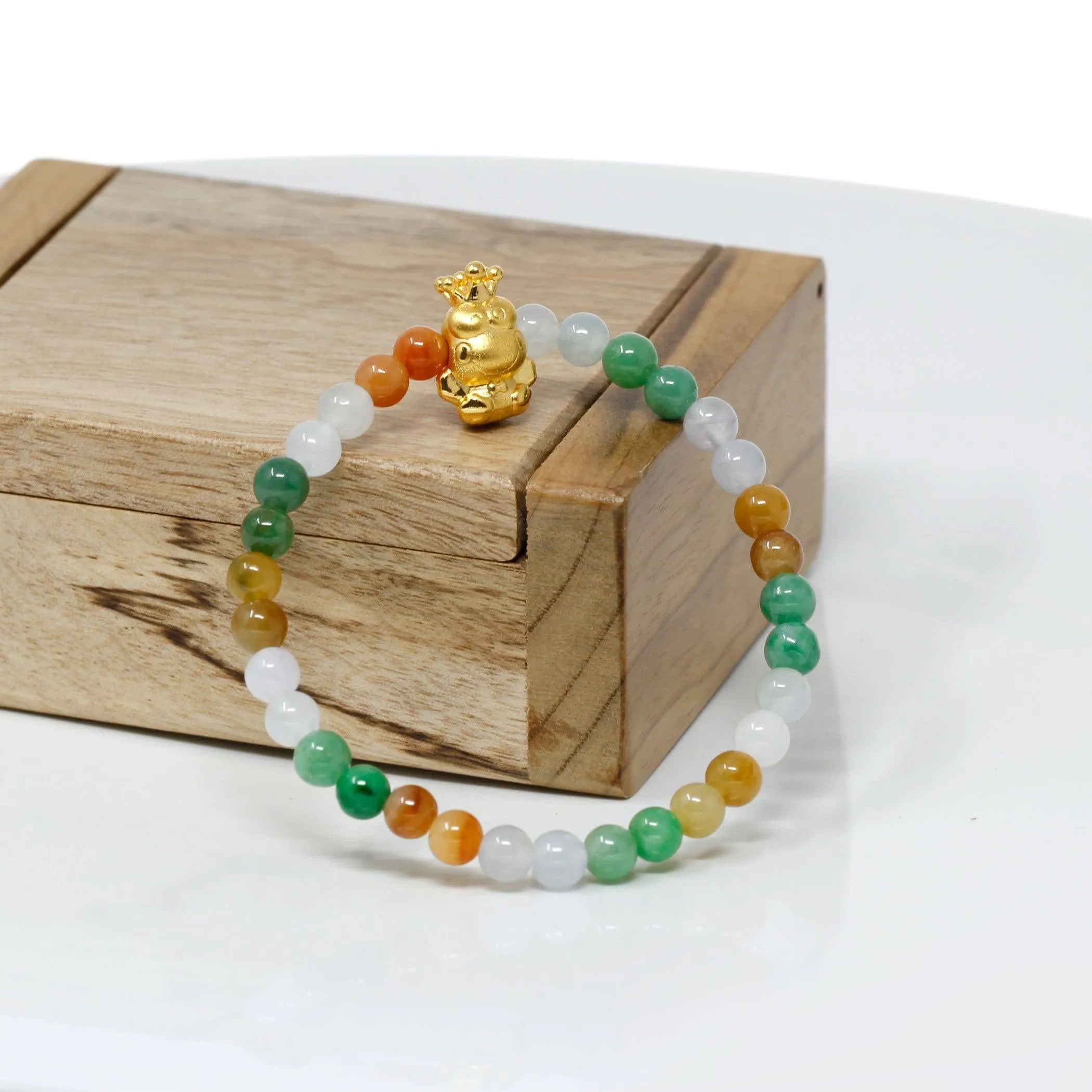 Genuine High-quality Jade Jadeite Bracelet Bangle with 24k Yellow Gold Frog Charm Colorful  #421