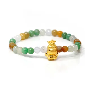 Genuine High-quality Jade Jadeite Bracelet Bangle with 24k Yellow Gold Frog Charm Colorful  #421