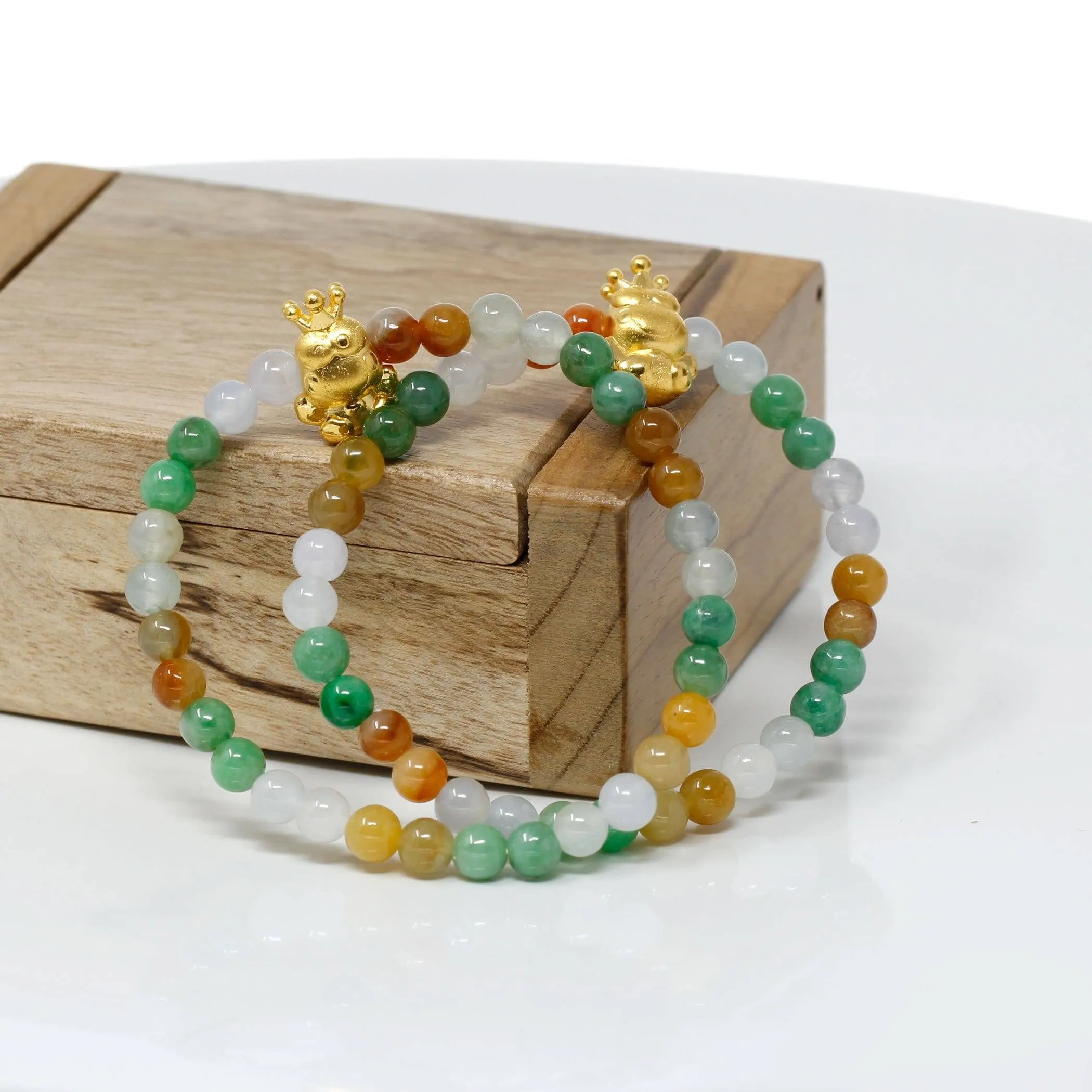 Genuine High-quality Jade Jadeite Bracelet Bangle with 24k Yellow Gold Frog Charm Colorful  #421