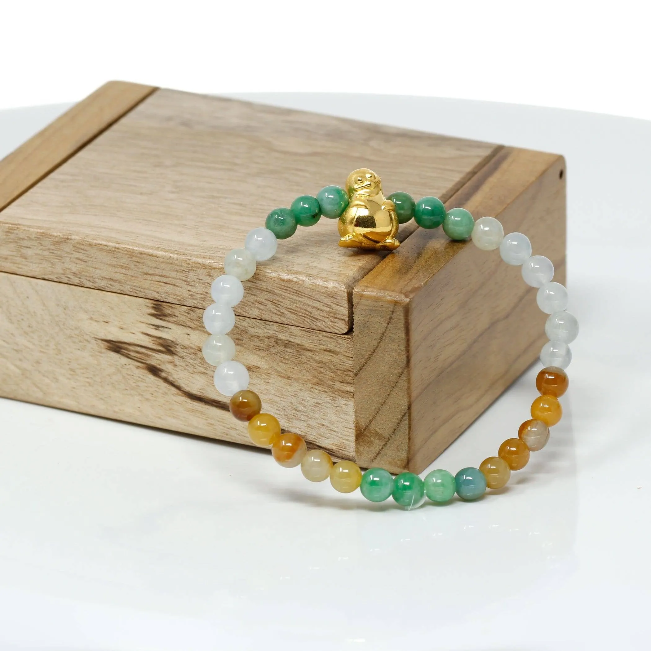 Genuine High-quality Jade Jadeite Bracelet Bangle with 24k Yellow Gold Penguin Charm Colorful  #409