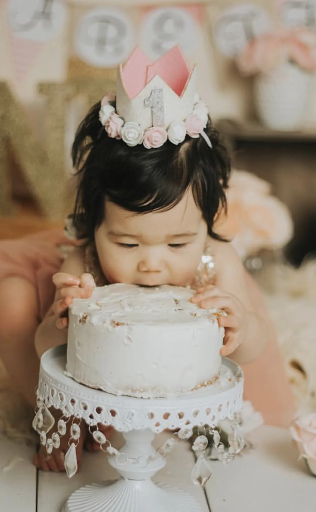 Girls Pink and White First Birthday Sparkling Glitter Floral birthday Crown ONE