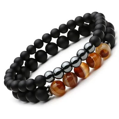 Glass Stone Beaded 6 / 8mm Bracelet Combination 2-Piece Set