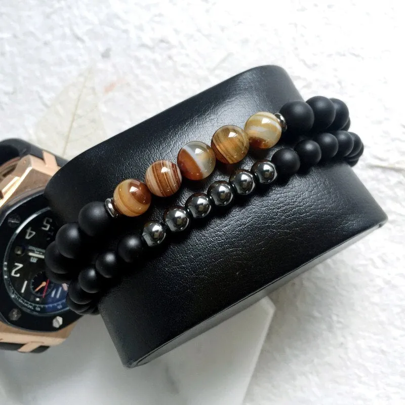Glass Stone Beaded 6 / 8mm Bracelet Combination 2-Piece Set