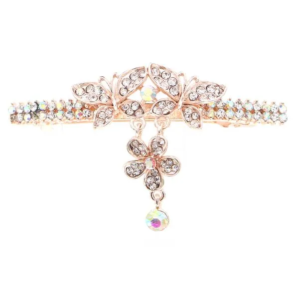 Gold Finish Butterfly Rhinestone Hair Barrette with Drop
